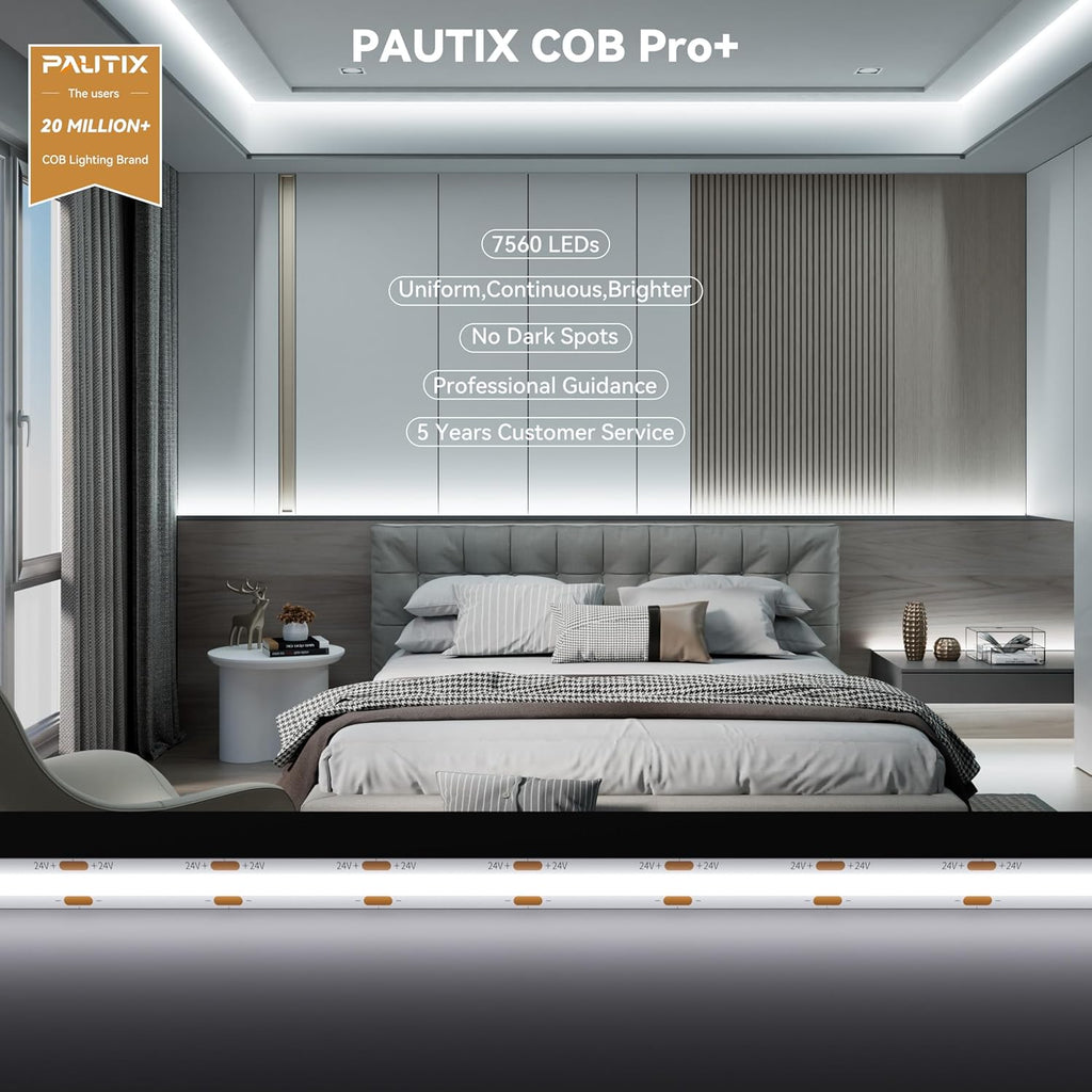 PAUTIX COB LED Strip Lights 48ft/15m Super Bright,504 LEDs/m Daylight White 6000K CRI90+ Flexible LED Tape 24V for Cabinet Home DIY Lighting Projects with 2pcs COB Connector(Power Supply Not Included)