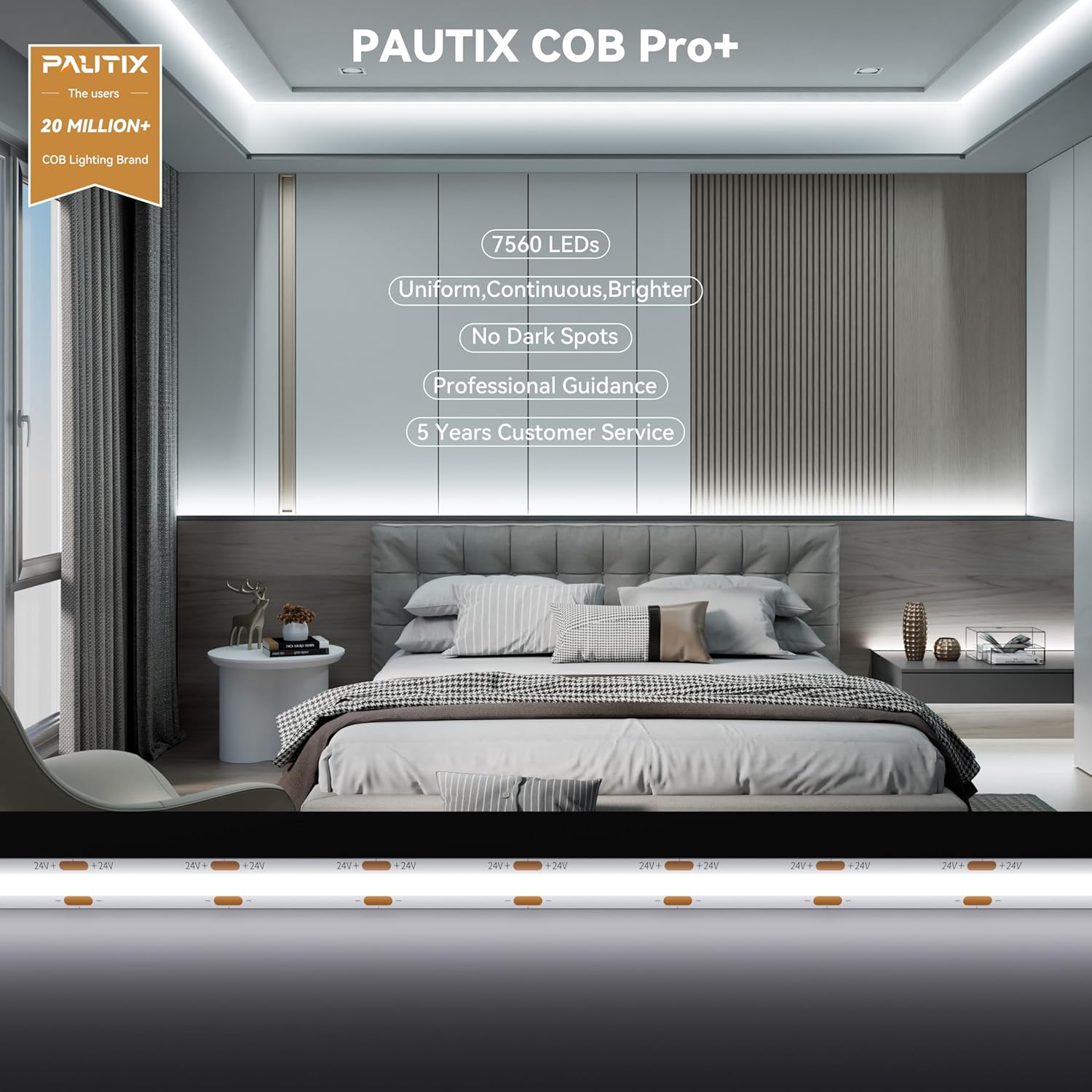 PAUTIX COB LED Strip Lights 48ft/15m Super Bright,504 LEDs/m Daylight White 6000K CRI90+ Flexible LED Tape 24V for Cabinet Home DIY Lighting Projects with 2pcs COB Connector(Power Supply Not Included)