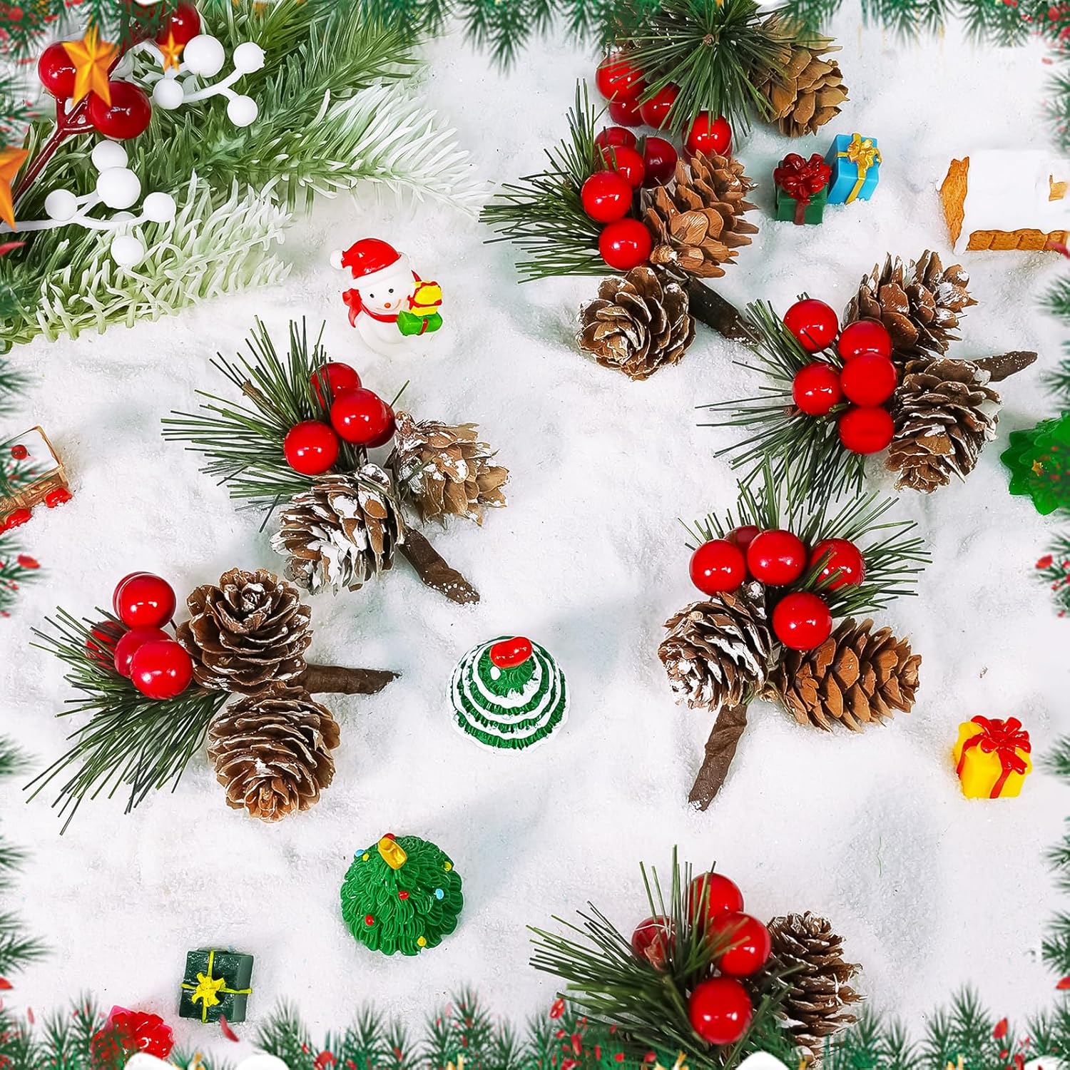 Wowagoga 30 PCS Faux Mini Snowy Pine Picks with Red Berries & Natural Pinecones Mini Artificial Pine Tree for Christmas Party Gift Decor