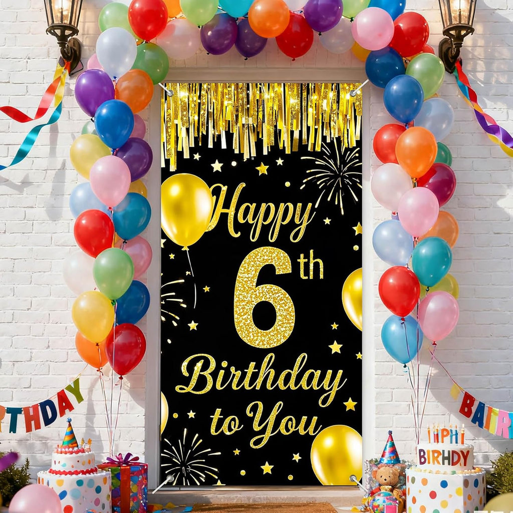 IVN 6th Birthday Door Cover 71x35 Inch Black Gold Birthday Banner for Party Decorations Balloons Stars Fireworks Backdrop Sign for Men Women Photo Booth Prop Wall Decor