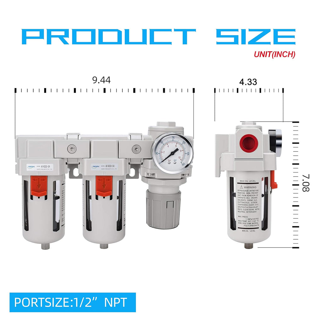 NANPU DFR-04 1/2" NPT Air Drying System - Double Air Filters, Air Pressure Regulator Combo - Semi-Auto Drain, Poly Bowl