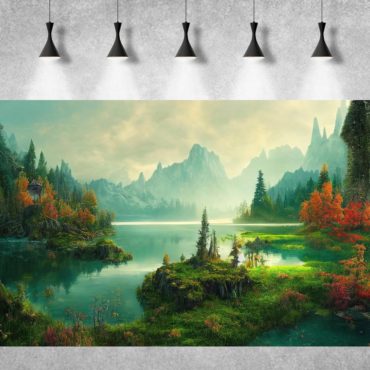 Autumn Landscape Aquarium Background Jungle Plants Rainforest Fish Tank Background Foggy Misty Mountains Terrarium Background Tranquil Lake Natural Scenery Aquarium Backdrops Vinyl 24x16in