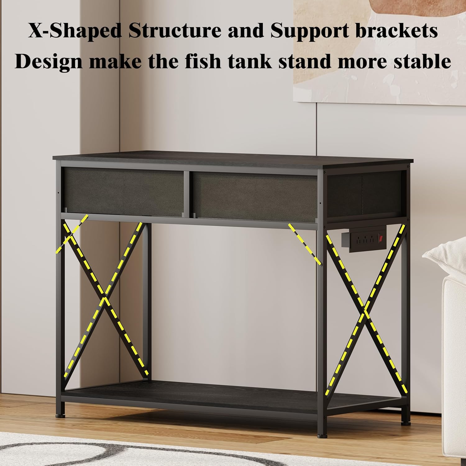 40-50 Gallon Fish Tank Stand，Aquarium Holder with Power Outlet and 2 Drawers，Heavy Duty Breeder Turtle Terrarium Stand Suitable for Turtle Tank, Reptile Terrarium, for Home Office (Black)