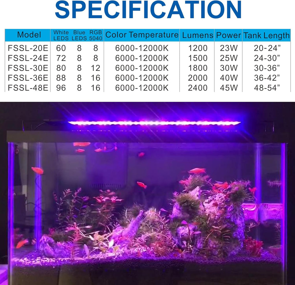 OYO WATER Aquarium LED Light 24"-32" with Timer, 24/7 Cycle, 5 Dimmable Brightness, Sunrise/Sunset Simulation for 10/20/30/55 Gallon Fish Tank