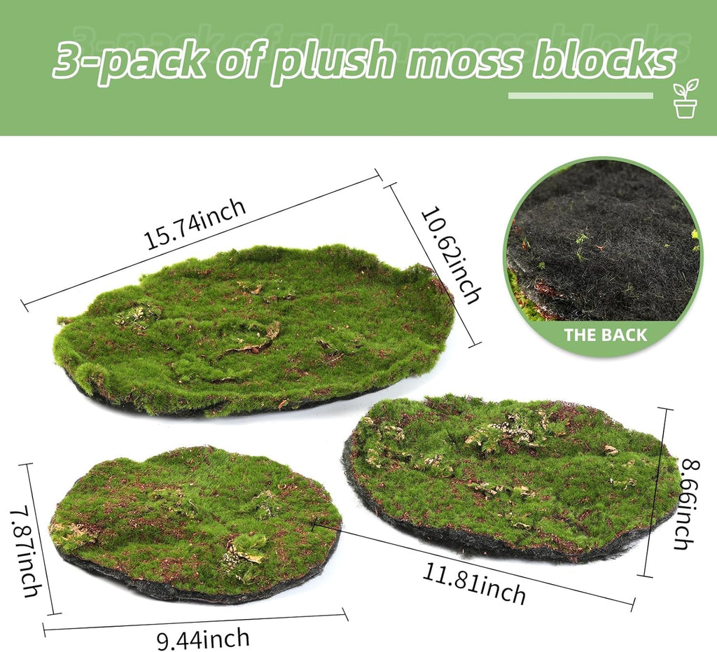 Artificial Moss Blocks for Garden Decoration, 6-Piece Set, Green Decorative Moss Stones Suitable for Ecological Tanks, elf Gardens(Realistic Green Faux) Fake Moss (3 Pack Small)