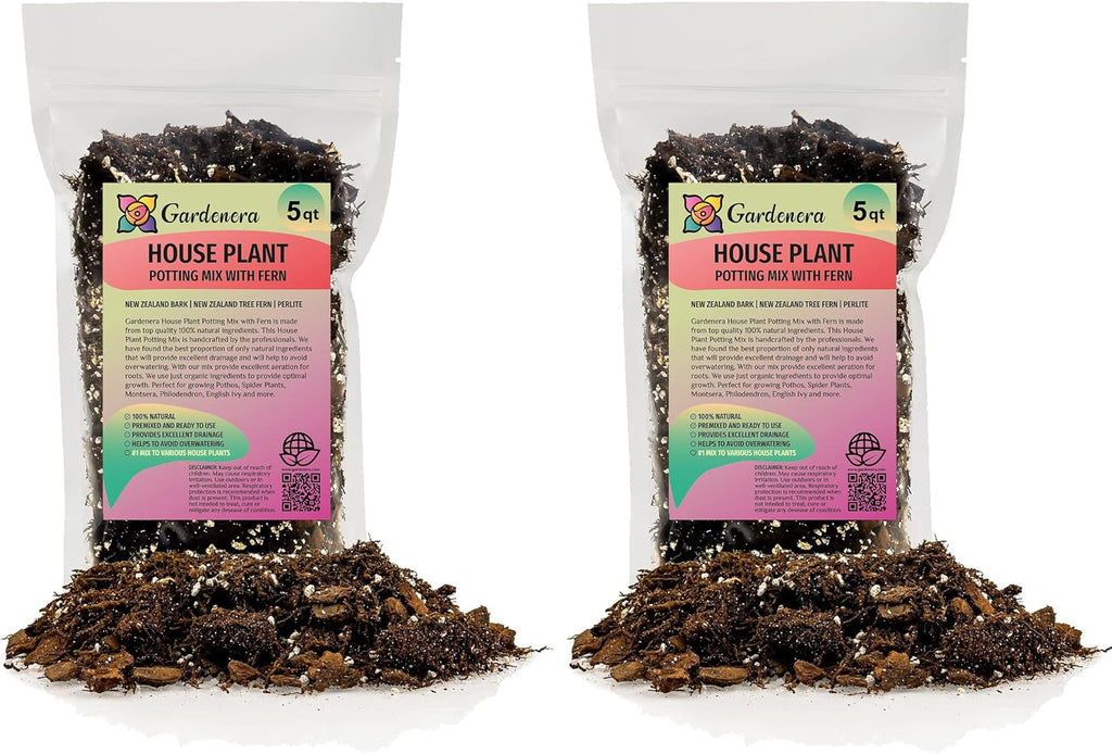 Premium Gardenera House Plant Potting Mix - 10 Quart - Fern + New Zealand Bark + Perlite | Great for Pothos, Spider Plants, Montsera, Philodendron, English Ivy (2 Bags of 5 Quart)
