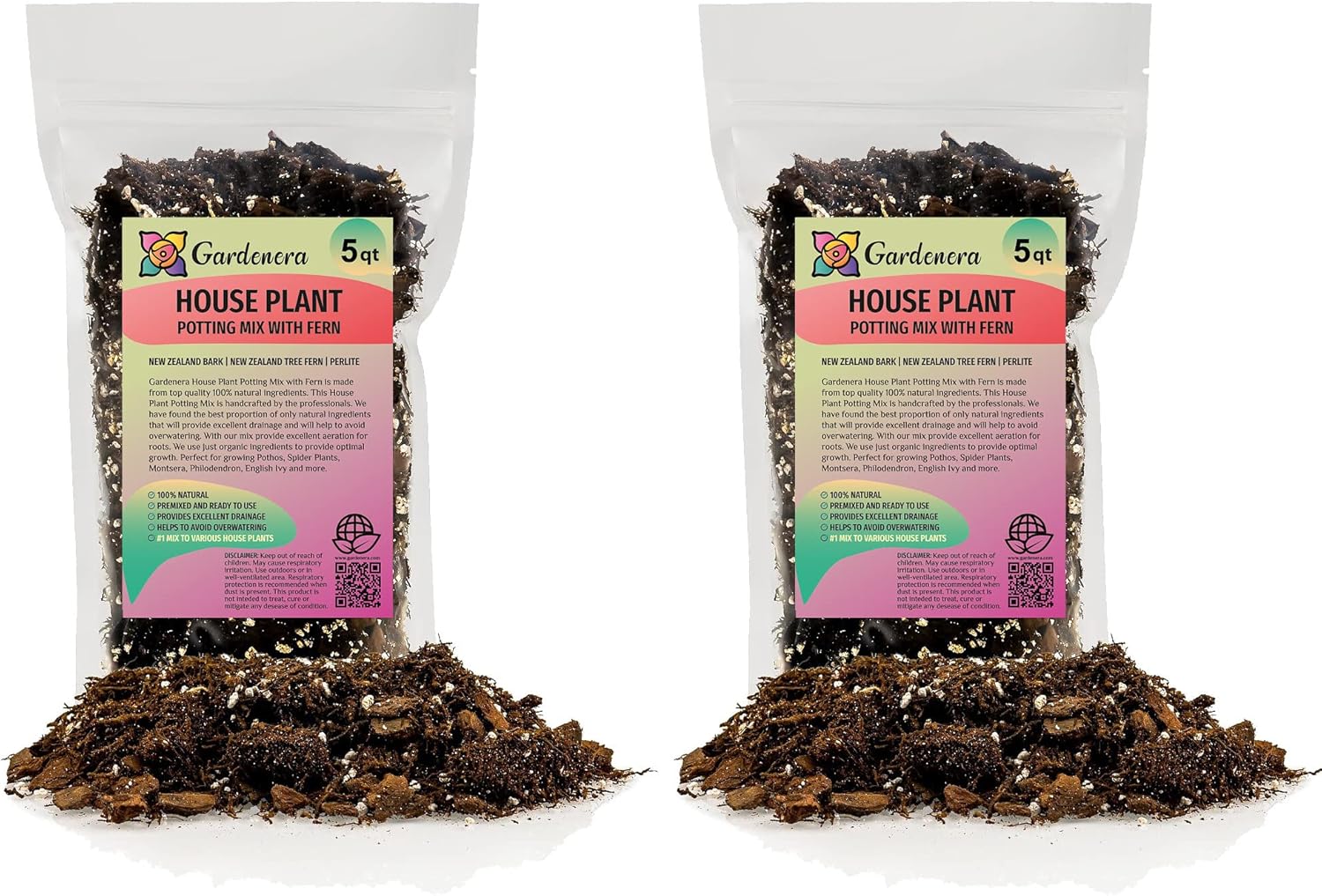Premium Gardenera House Plant Potting Mix - 10 Quart - Fern + New Zealand Bark + Perlite | Great for Pothos, Spider Plants, Montsera, Philodendron, English Ivy (2 Bags of 5 Quart)
