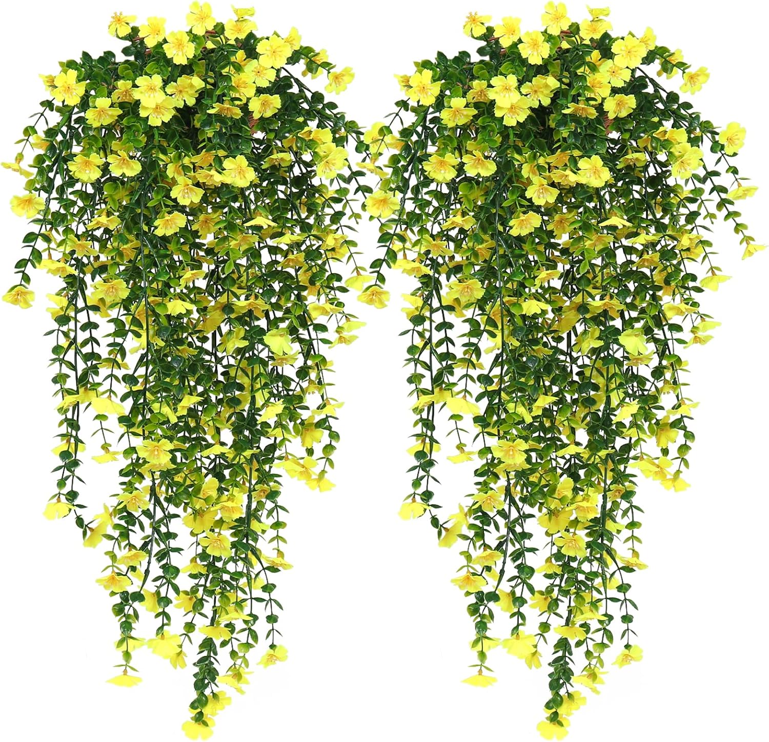 RECUTMS Artificial Hanging Flowers for Outdoors 4 Pcs Fake Mums Plant Decor Realistic Real Touch Silk Flower UV Resistant Trailing Vine Look Real for Yard Porch Patio Garden Balcony (Yellow)