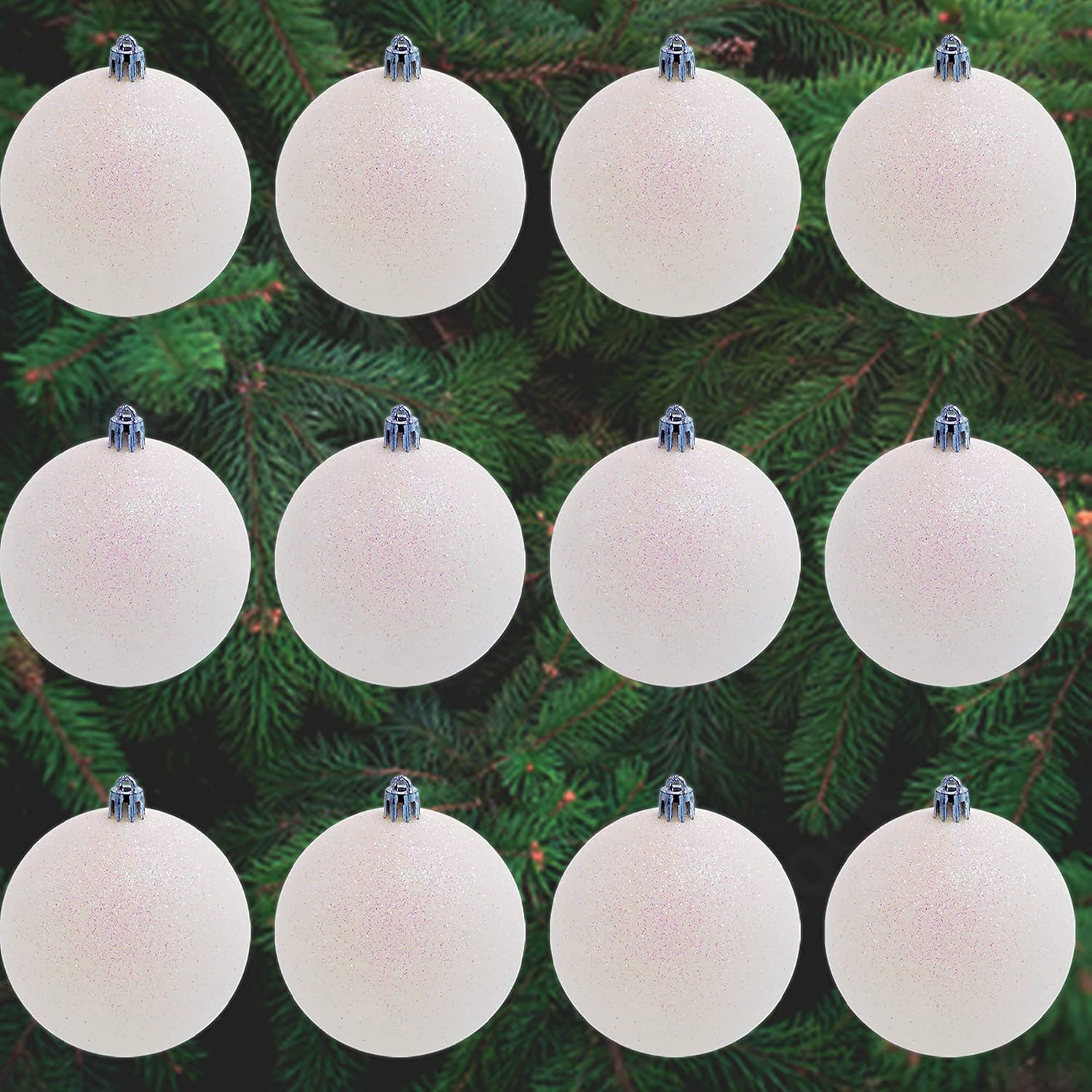 4E's Novelty White Snowball Christmas Ornaments Set of 12 - Large 3.15" Iridescent Shatterproof Glitter Balls for Christmas Tree, Winter Wonderland Decorations