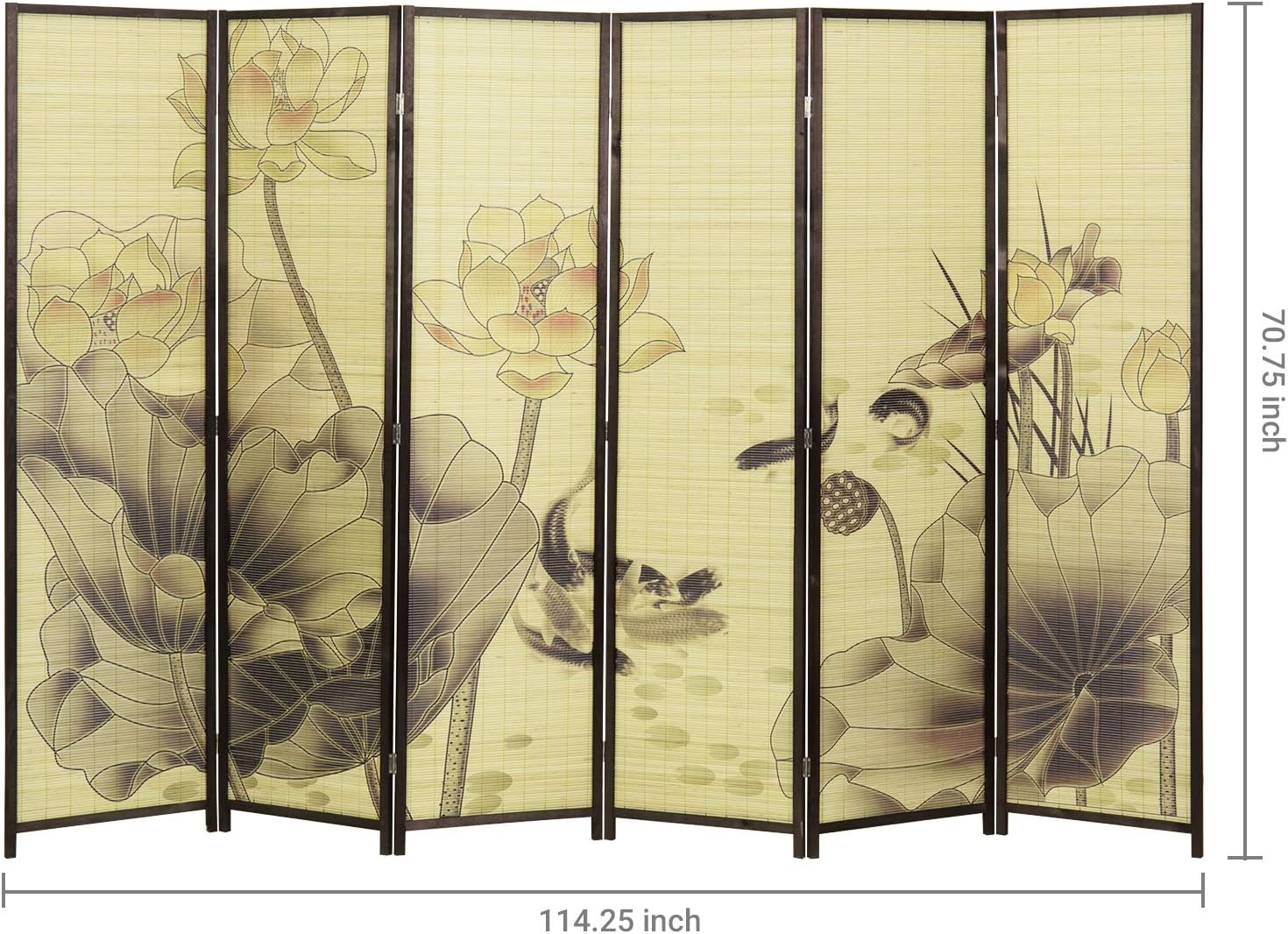 MyGift Decorative 6-Panel Folding Room Divider Bamboo Screen with Chinese Calligraphy Design, 6FT Freestanding Room Partitioner with Dark Brown Wood Frame 114.25''W x 70.75''H