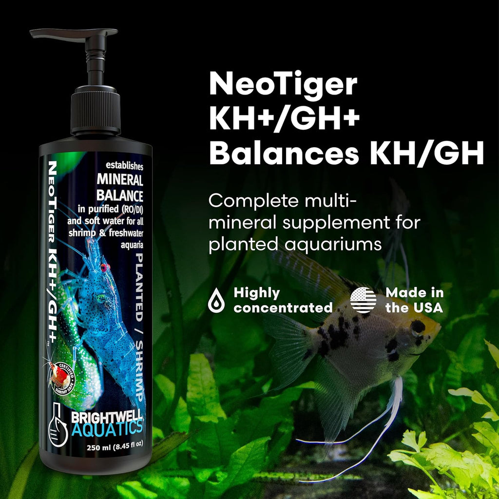 Brightwell Aquatics NeoTiger KH+/GH+ Mineral Supplement Balances Hardness in RO/DI Water with Calcium Magnesium Potassium Sodium for Shrimp Fish Planted Aquariums, 500 ml