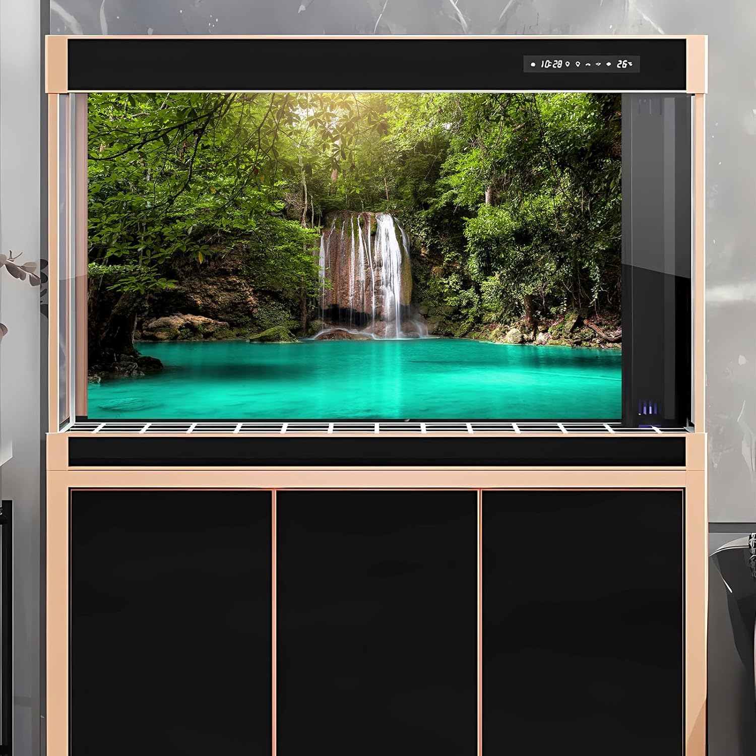 Jungle Waterfall Aquarium Background Lush Green Rainforest Rocks Terrarium Background Falls Green Plants Natural Landscape Fish Tank Background Lake Stream Waterfall Reptile Background 48x20in