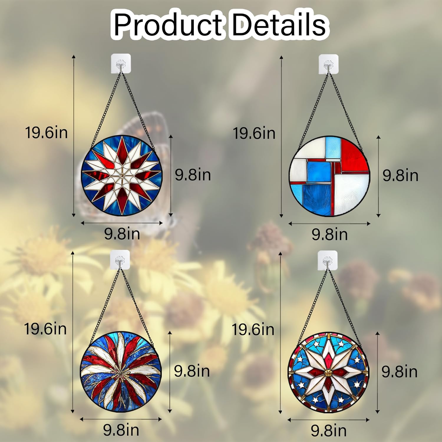 Stained Glass Window Hanging 4 Pcs Set Abstract Flowers in Red White Blue 9.8" - Suncatcher Door Garden Sun Catcher Decor Birthday Mother's Day Xmas Gift for Mom Woman Nana Men Parents