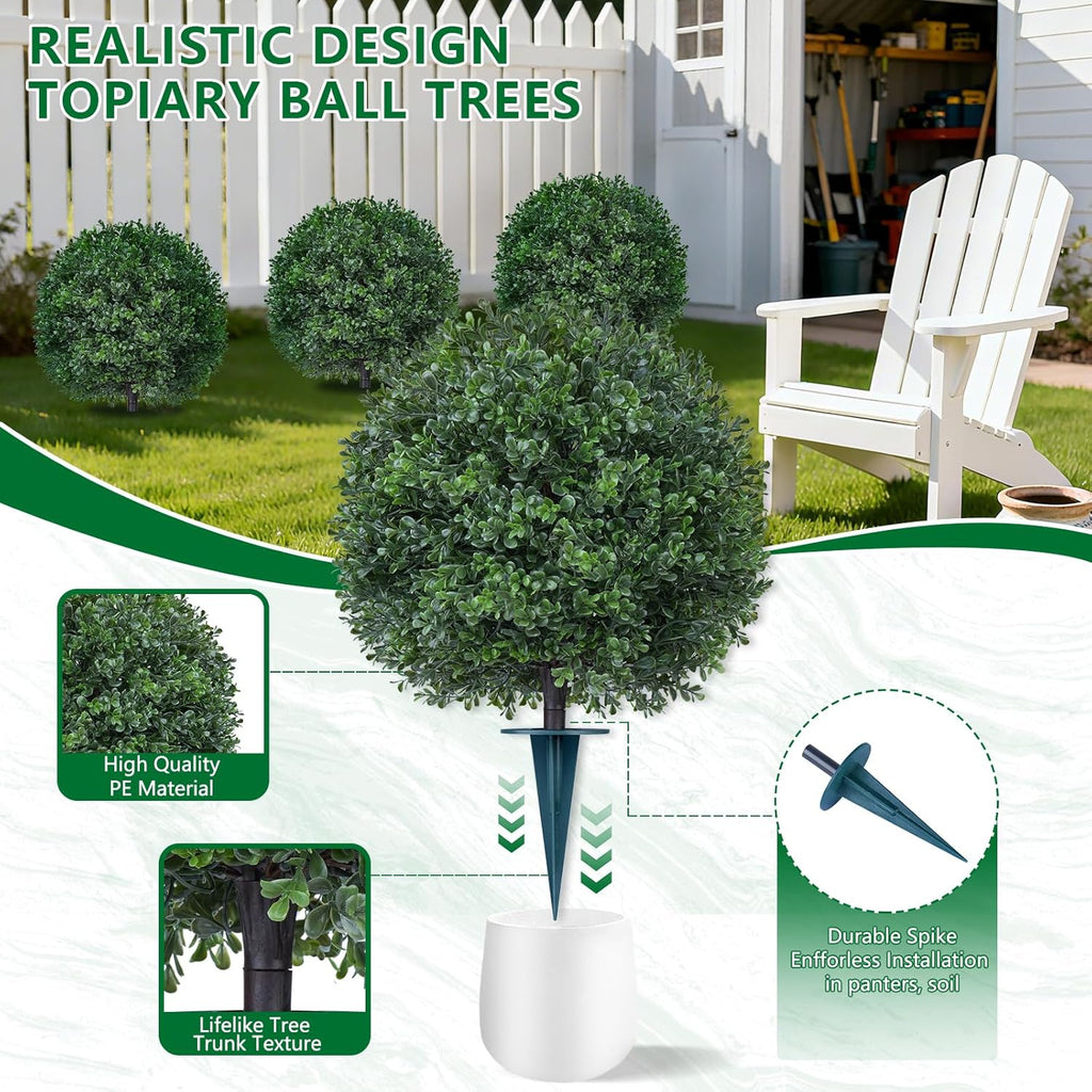 Artificial 23" Boxwood Topiary Trees with Ground Spike,2 Pieces Fake Pine Shrubs Bushes, UV Resistant Faux Evergreen Cypress Tree Plants for Indoor Outdoor Planters Front Porch