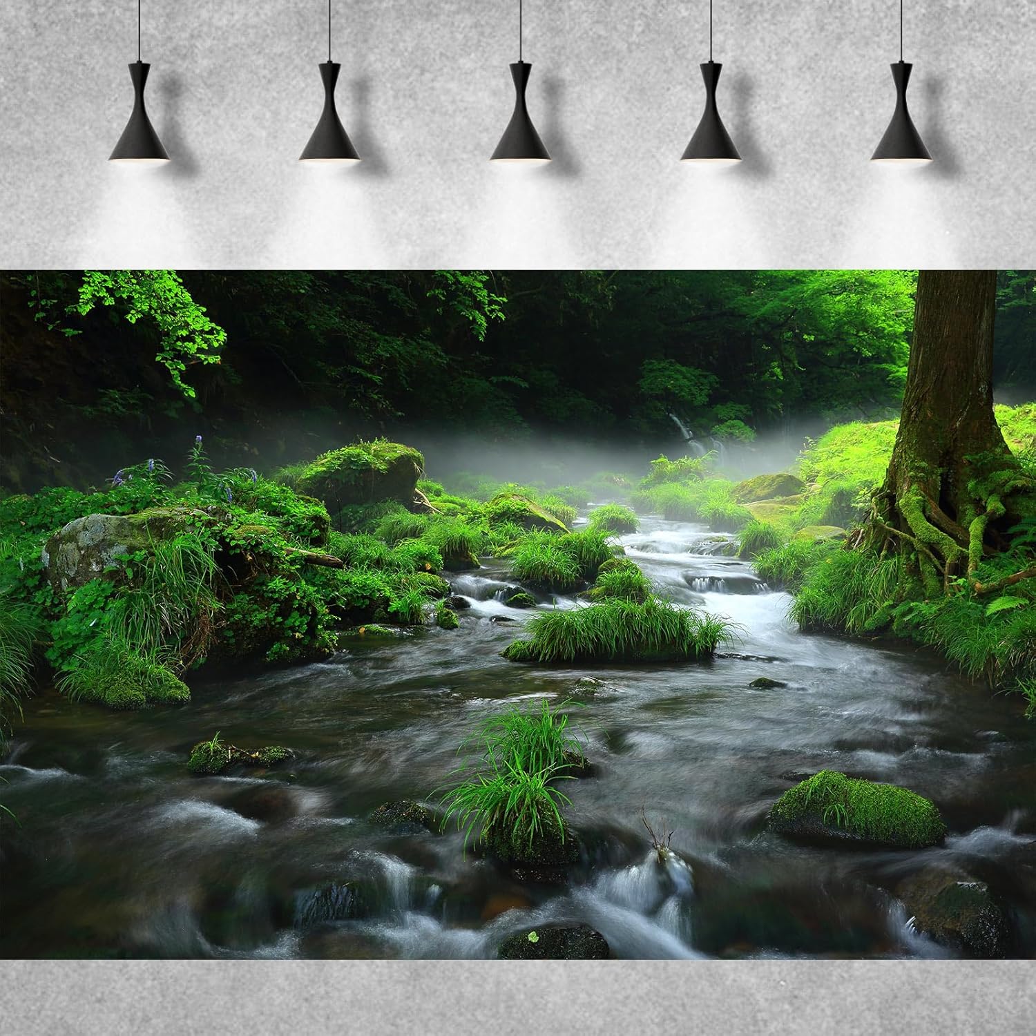 Stream Aquarium Background Aquatic Water Plants Rock Fish Tank Background Lush Green Forest Trees Terrarium Background Misty Foggy Stream Flowing Water Natural Landscape Aquarium Backdrops 48x20in
