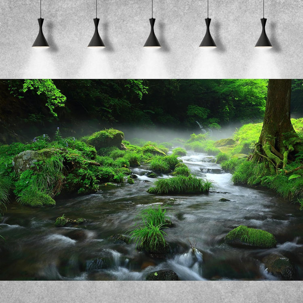 Stream Aquarium Background Aquatic Water Plants Rock Fish Tank Background Lush Green Forest Trees Terrarium Background Misty Foggy Stream Flowing Water Natural Landscape Aquarium Backdrops 36x18in