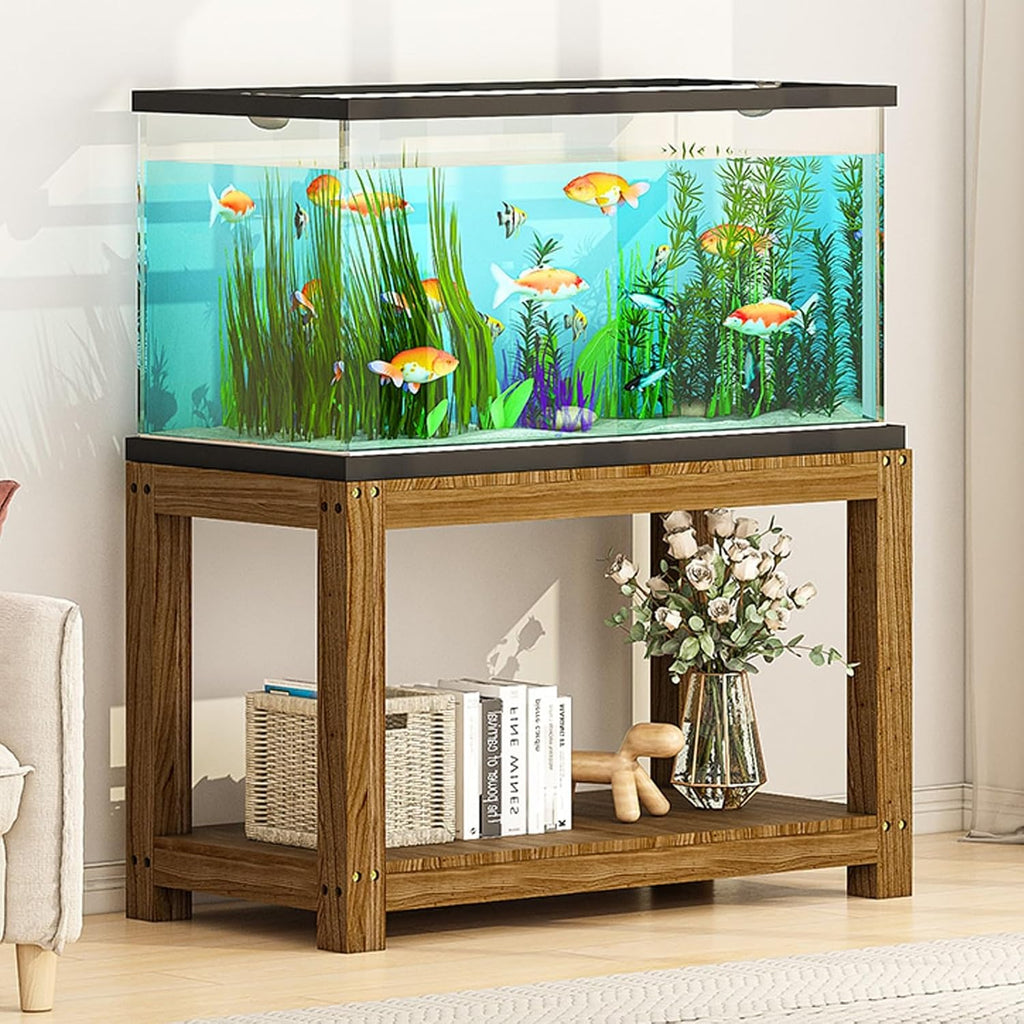 FORRTY Solid Wood Aquarium Stand – Heavy Duty Wooden Fish Tank Stand With 2-Tier Storage | Natural Pine Reptile Tank Table | Indoor Plant Rack | Printer Table | Multi-Purpose Shelf | 30–150cm Width(Br