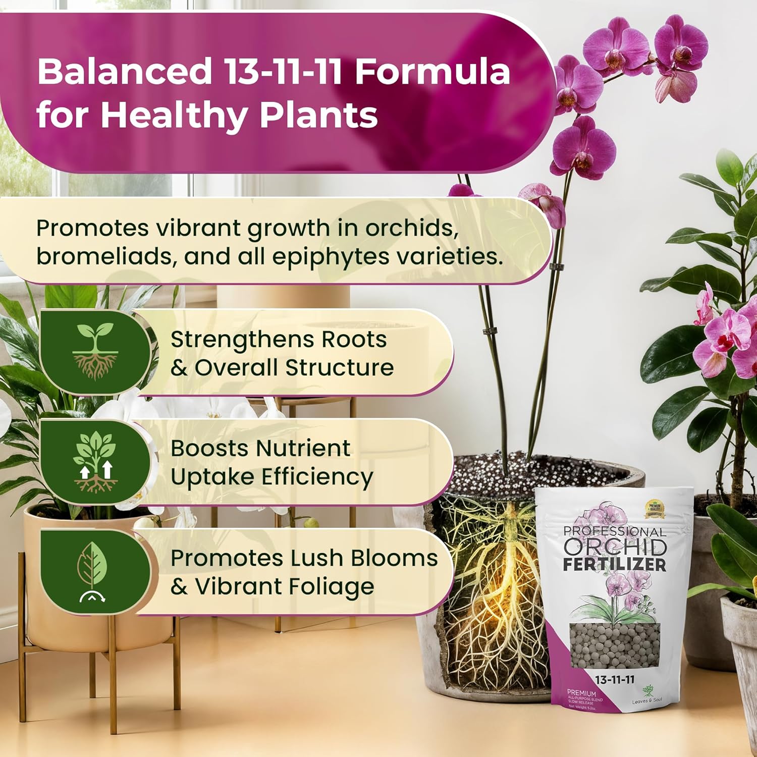 Leaves and Soul Orchid Fertilizer Pellets |13-11-11 Slow Release Pellets for Seedlings and Mature Plants | Multi-Purpose Blend & Gardening Supplies, No Fillers | 5.2 oz Resealable Packaging