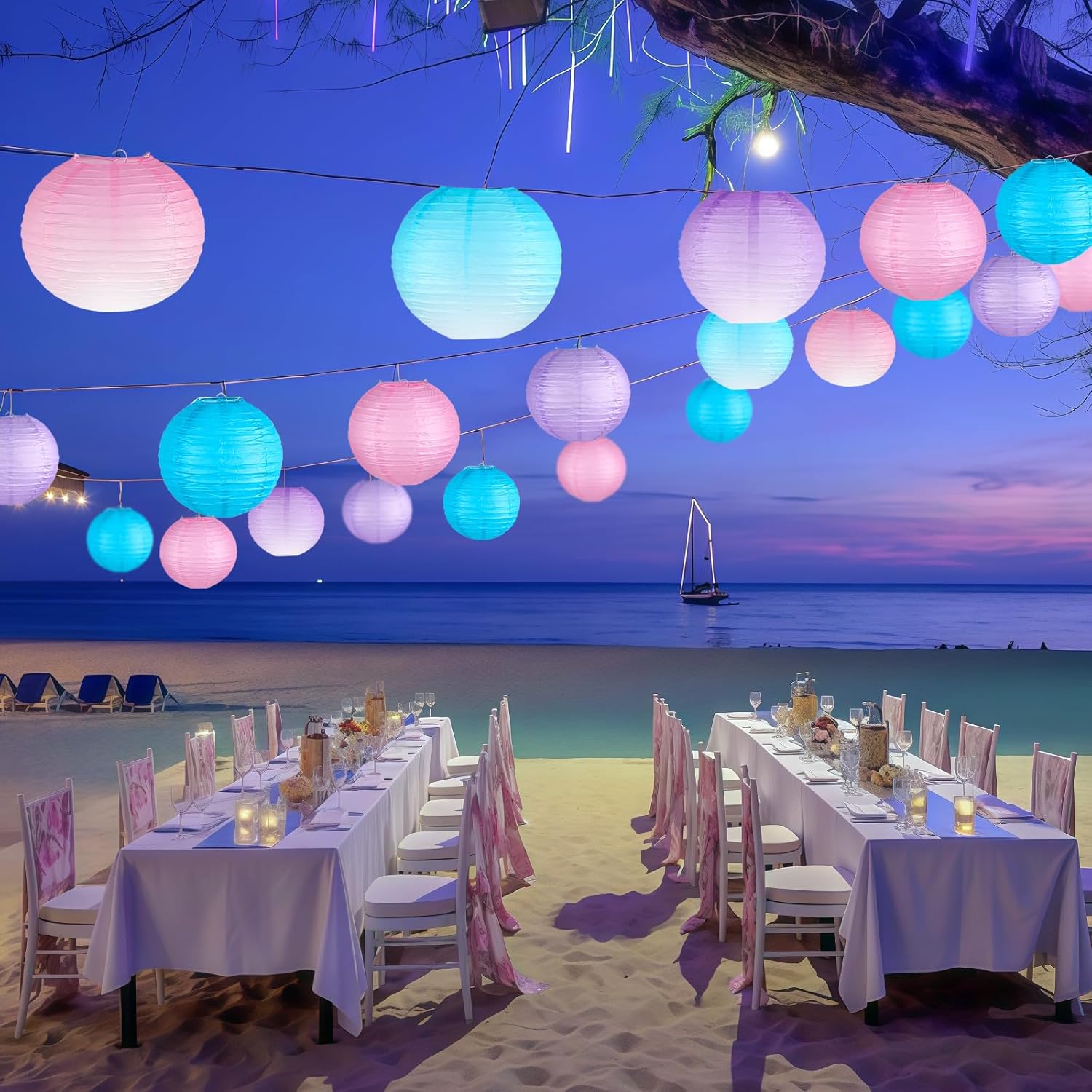 Paper Lanterns Decorative, Gradient Blue Purple Pink Round Hanging Paper Lantern Decorations for Under The Sea Theme Birthday Party, Wedding, Baby Shower, Home Decor, 15Pcs