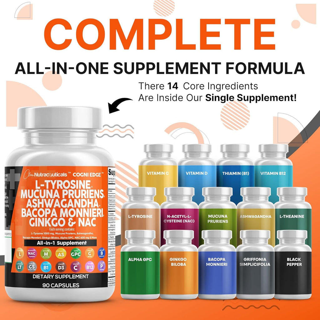 Clean Nutraceuticals L Tyrosine Mucuna Pruriens Bacopa Monnieri Ashwagandha Focus Supplement w/N-Acetyl Cysteine NAC 5-HTP Ginkgo Biloba Alpha GPC Vitamin C D B1 B12