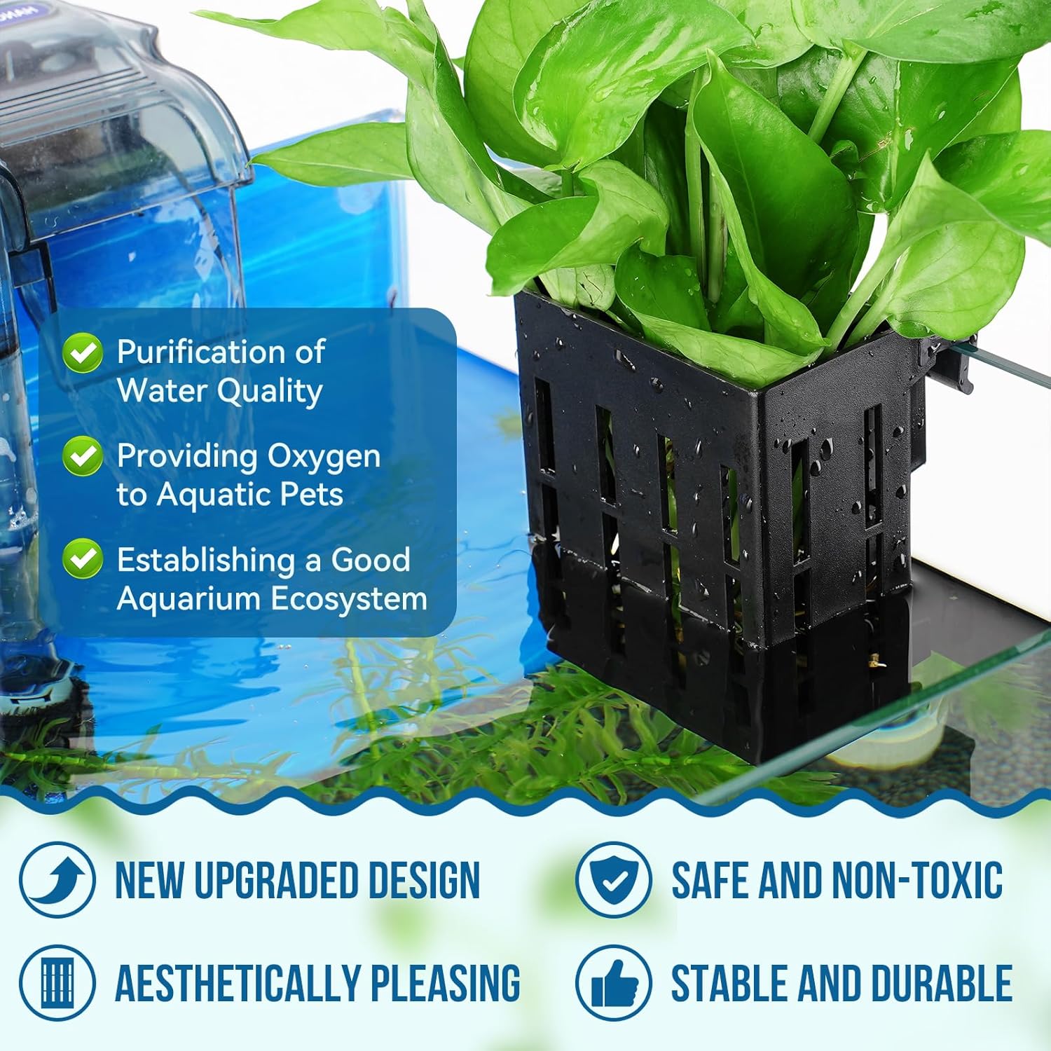 Borlech Upgraded Large Aquarium Plant Holder with Hooks and Suction Cups for Fish Tank Aquaponic Plant Cultivation and Aquascape Decorations (Black)