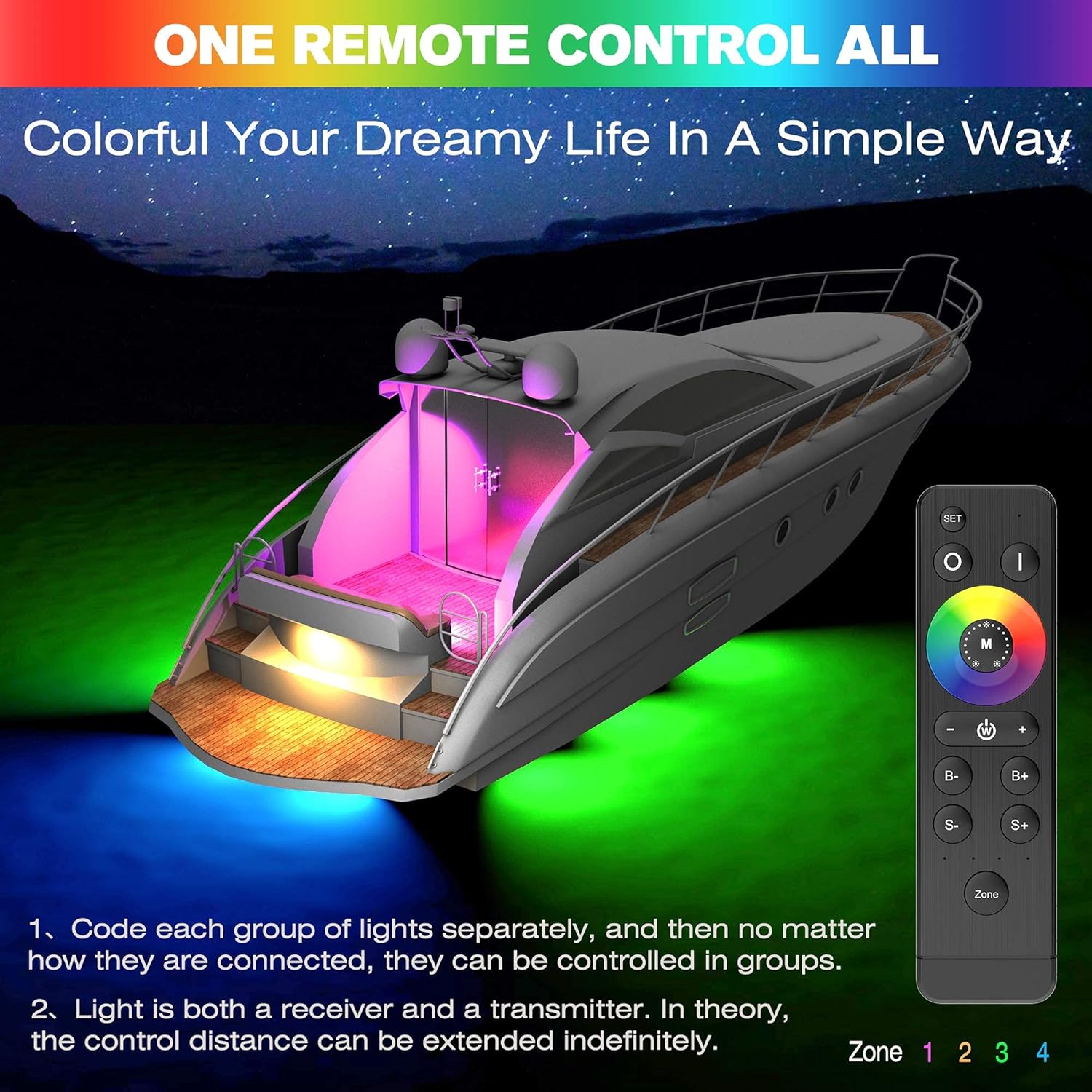 HUSUKU GT10 6000LM Boat Underwater Lights RGB Marine Color Light Kit, 72LED 7in 12V 60W IP68 Waterproof 2205 Stainless Wireless, Grouping & Control Auto Sync for Yacht Boat Dock Transom Pontoon Light