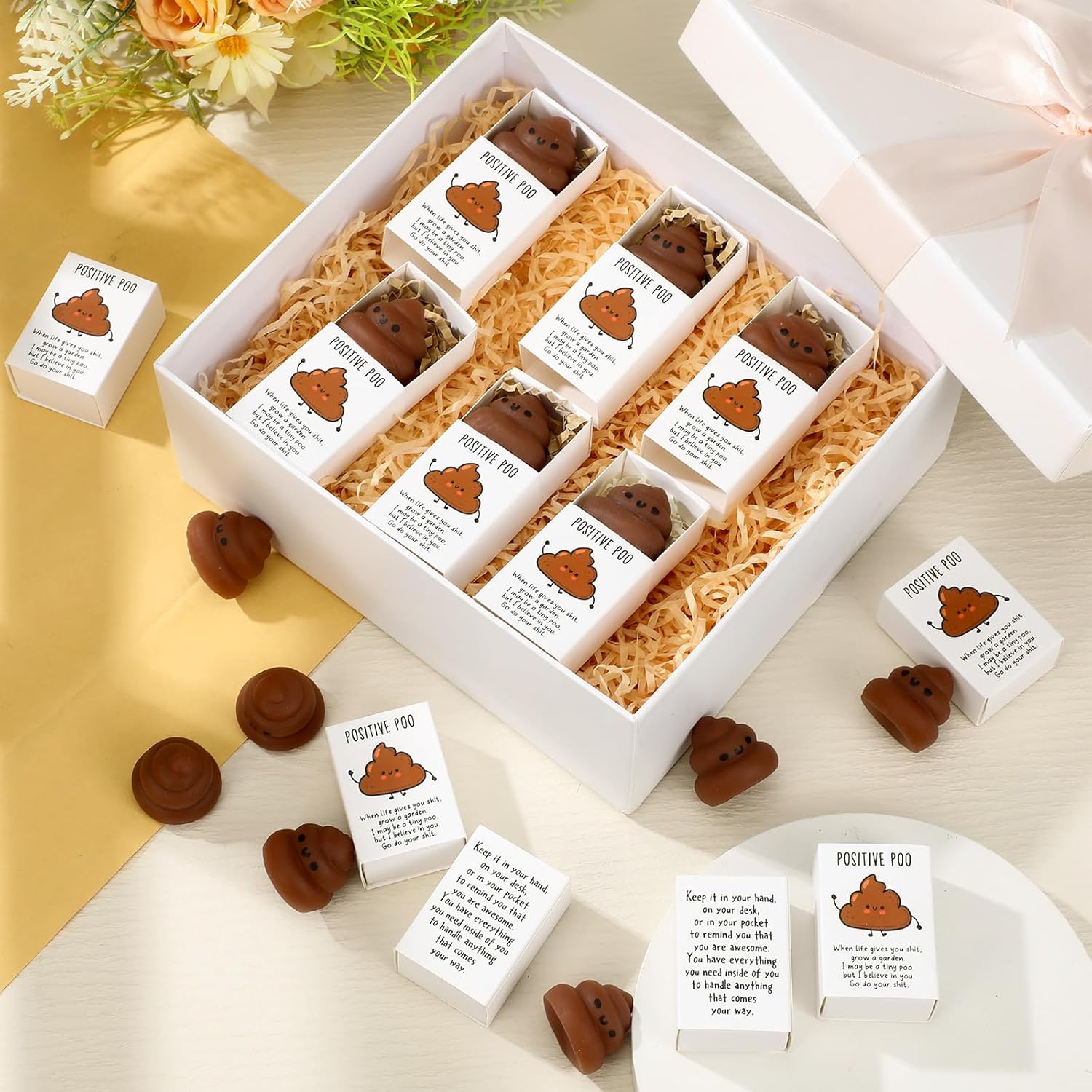 Wettarn 12 Sets Poo Positive Gifts Cute Stress Balls with Support Gift Boxes Funny Party Favors for Employee Coworker Friends Office Inspirational Relief Toys