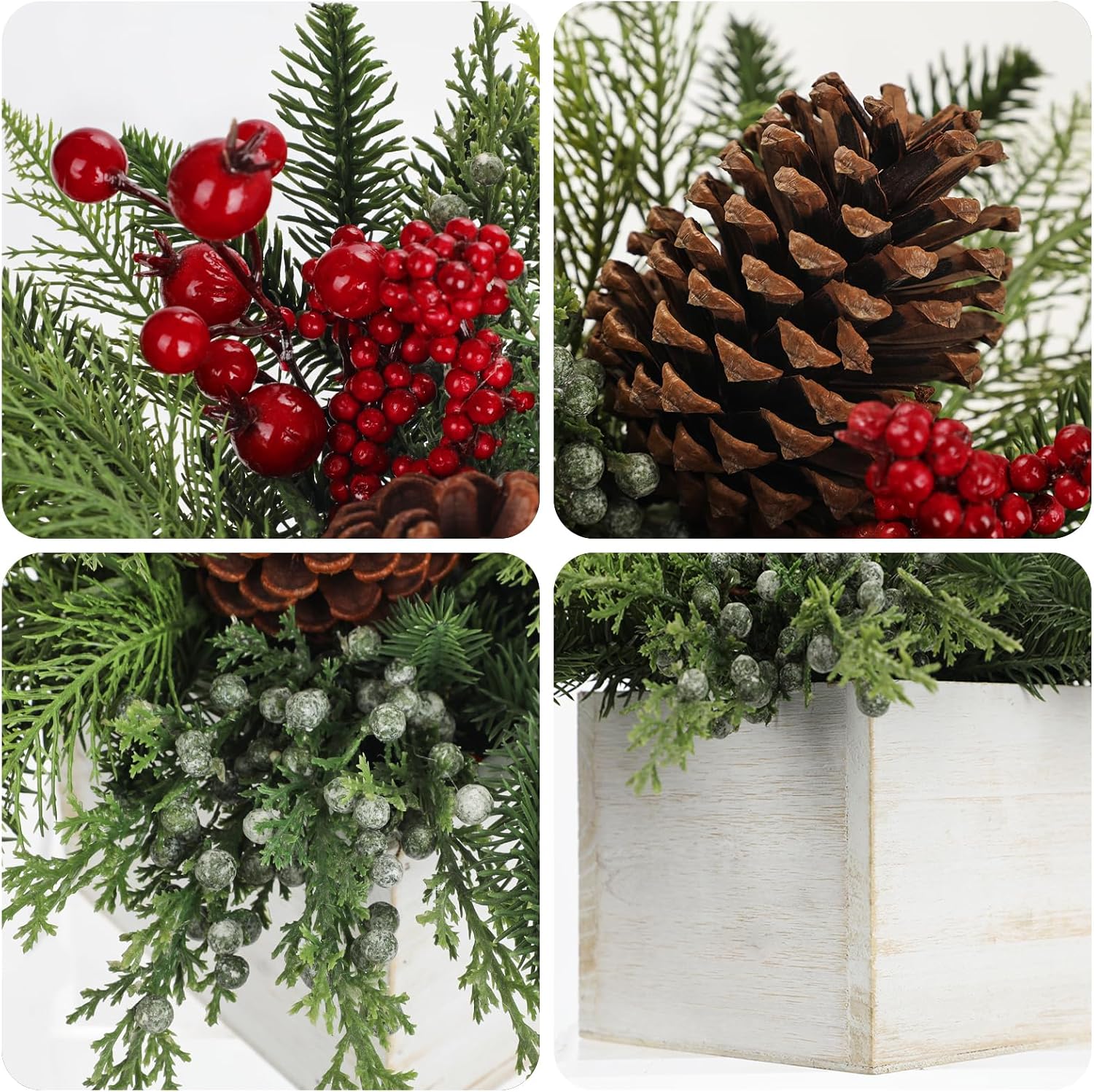 Christmas Centerpieces Table Decorations 10" Small Artificial Potted Christmas Tree Norfolk Pine Plants with Red Berry Pine Cones in Wooden Pot for Home Winter Xmas Mantel Farmhouse Indoor Decor