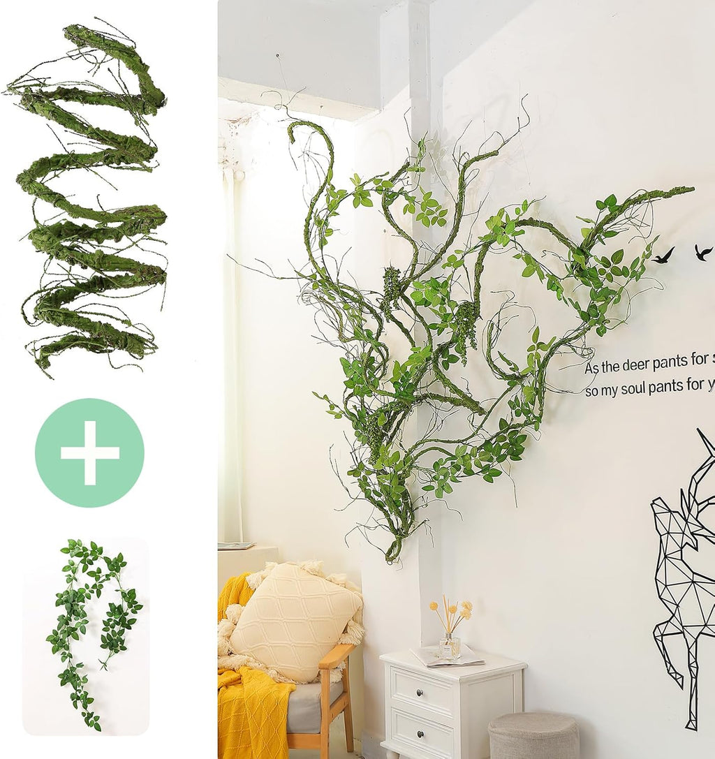 300cm/118inch Flexible Green Big Artificial Tree Branches Fake Tree Trunk Garland Rattan Wreath Cherry Blossom Grape Vines Floral for Wall Hanging Front Door Reptile Habitat Decoration