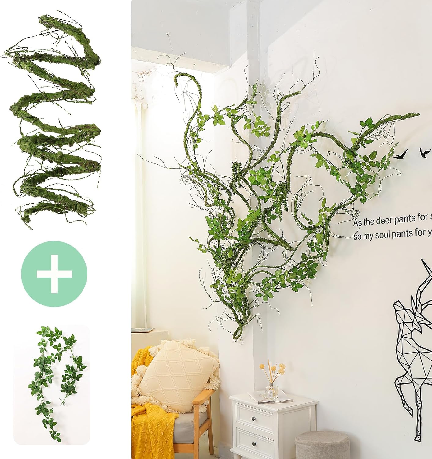 300cm/118inch Flexible Green Big Artificial Tree Branches Fake Tree Trunk Garland Rattan Wreath Cherry Blossom Grape Vines Floral for Wall Hanging Front Door Reptile Habitat Decoration