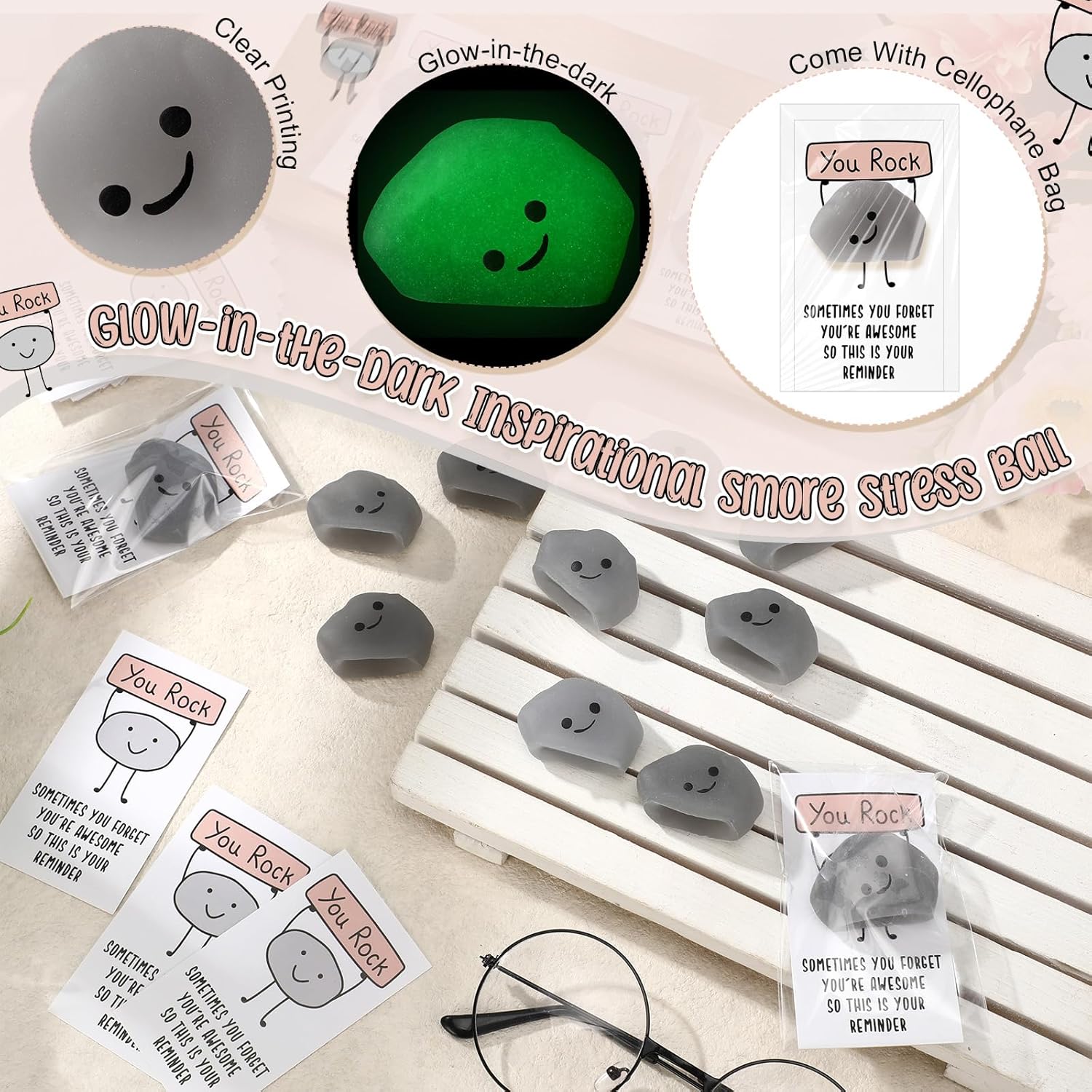Wettarn 30 Sets Emotional Luminous Stone Stress Ball Gifts Bulk Office Christmas Appreciation Gift Cute Positive Stone Squeeze Inspirational Card You Rock Figures Stress Relief Ball for Coworker Staff