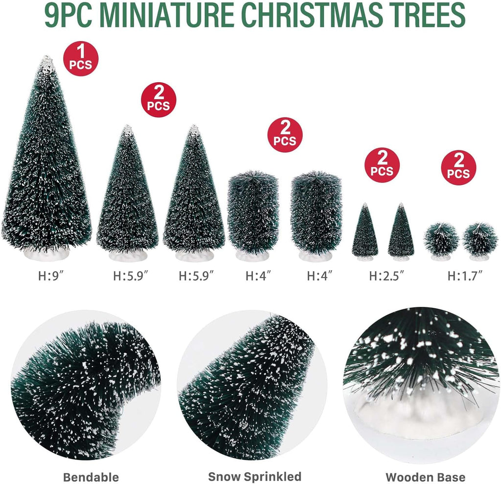 9Pcs Mini Christmas Trees Christmas Decor Artificial Christmas Decorations with 5 Sizes, Christmas Tree Bottle Brush Trees Christmas Table Decorations (Conventional Ellipse Circle)