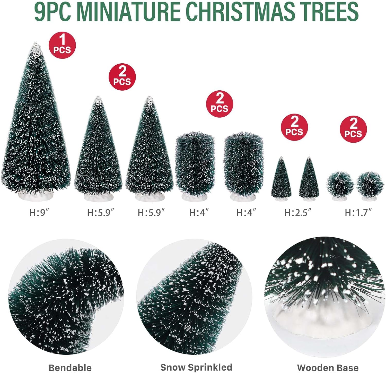 9Pcs Mini Christmas Trees Christmas Decor Artificial Christmas Decorations with 5 Sizes, Christmas Tree Bottle Brush Trees Christmas Table Decorations (Conventional Ellipse Circle)