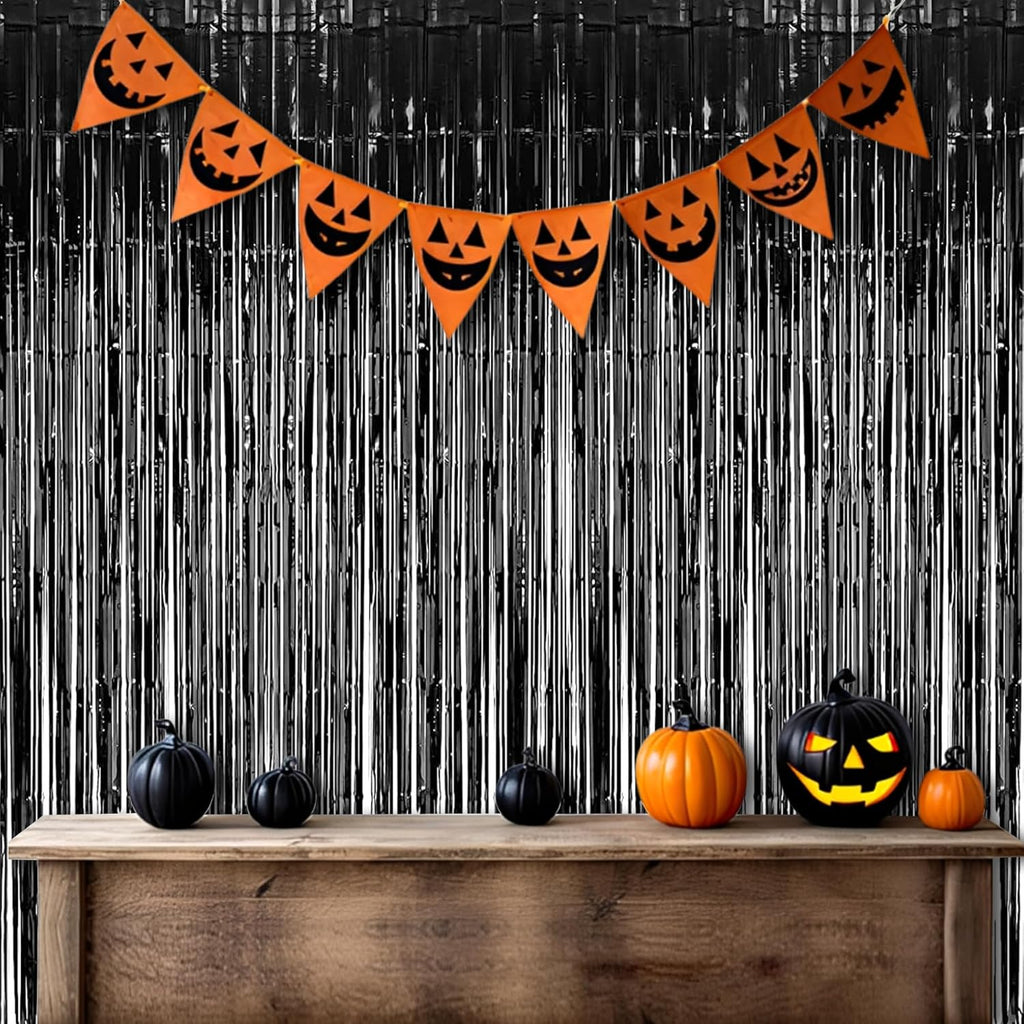 Foil Fringe Curtain Halloweens Party Decorations - Pure Black Tinsel Photo Backdrop Party Steamers Curtains for Christmas/New Years/Boy/Men/Birthdays/Music/Stranger Theme/Prom/Retirement Parties