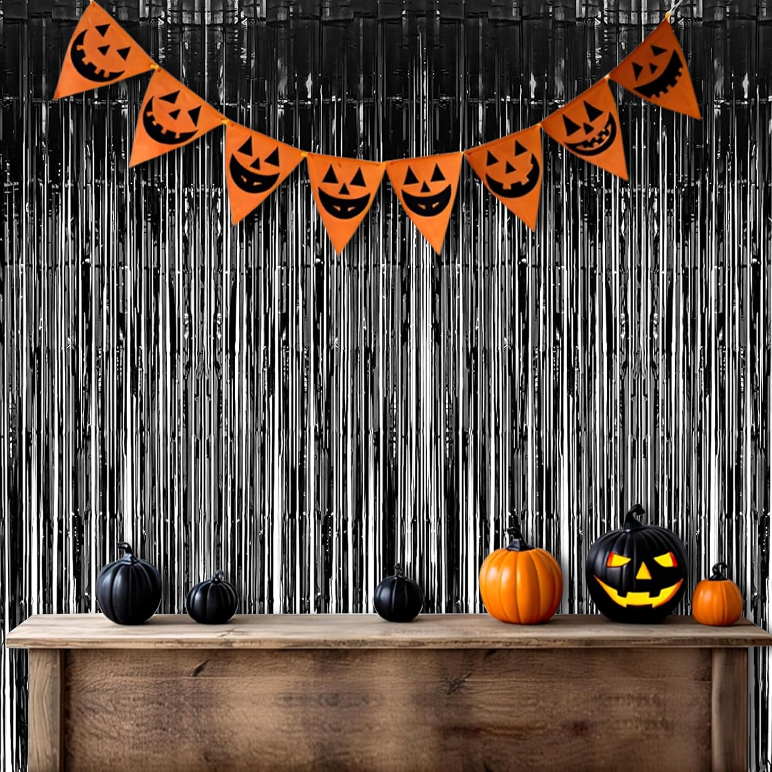 Foil Fringe Curtain Halloweens Party Decorations - Pure Black Tinsel Photo Backdrop Party Steamers Curtains for Christmas/New Years/Boy/Men/Birthdays/Music/Stranger Theme/Prom/Retirement Parties