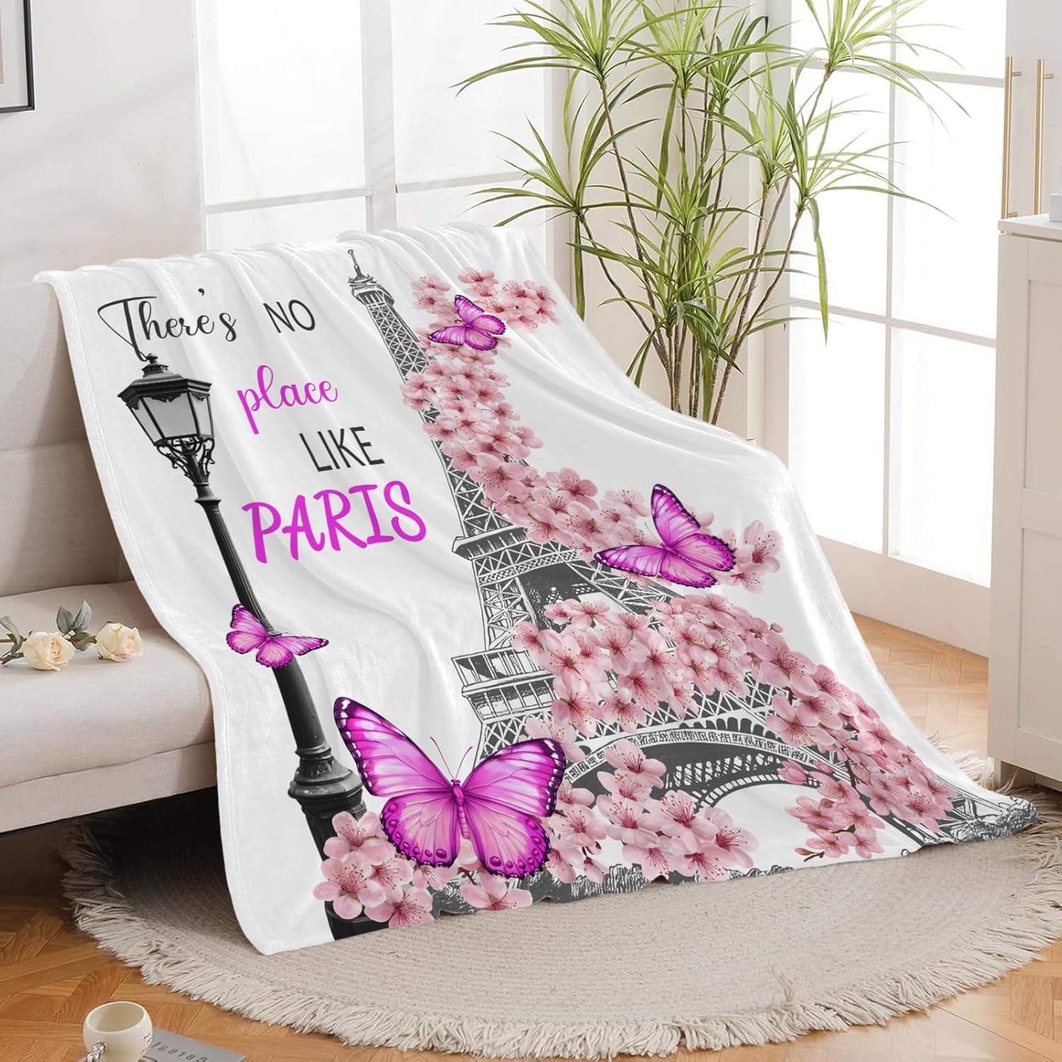 Eiffel Tower Throw Blanket French Paris Cherry Blossoms Print Throw Blankets Gifts for Couch Sofa Bed Stuff Decor Soft Cozy Fleece Plush Flannel Bedding for Lover Men Women Boys Girls 60"x80"