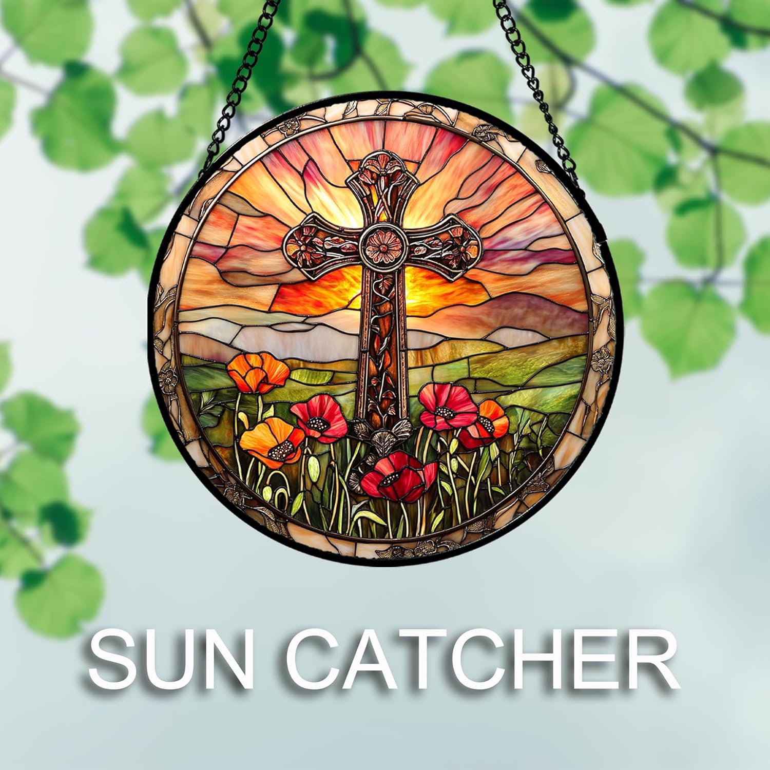Christian Gifts for Women - Cross Stained Glass Window Hanging Jesus Easter Poppy Sunset Landscape Sun Catcher Garden Religion Decor Mother's Day Catholic Gift for Men Grandma Mom Her 15"