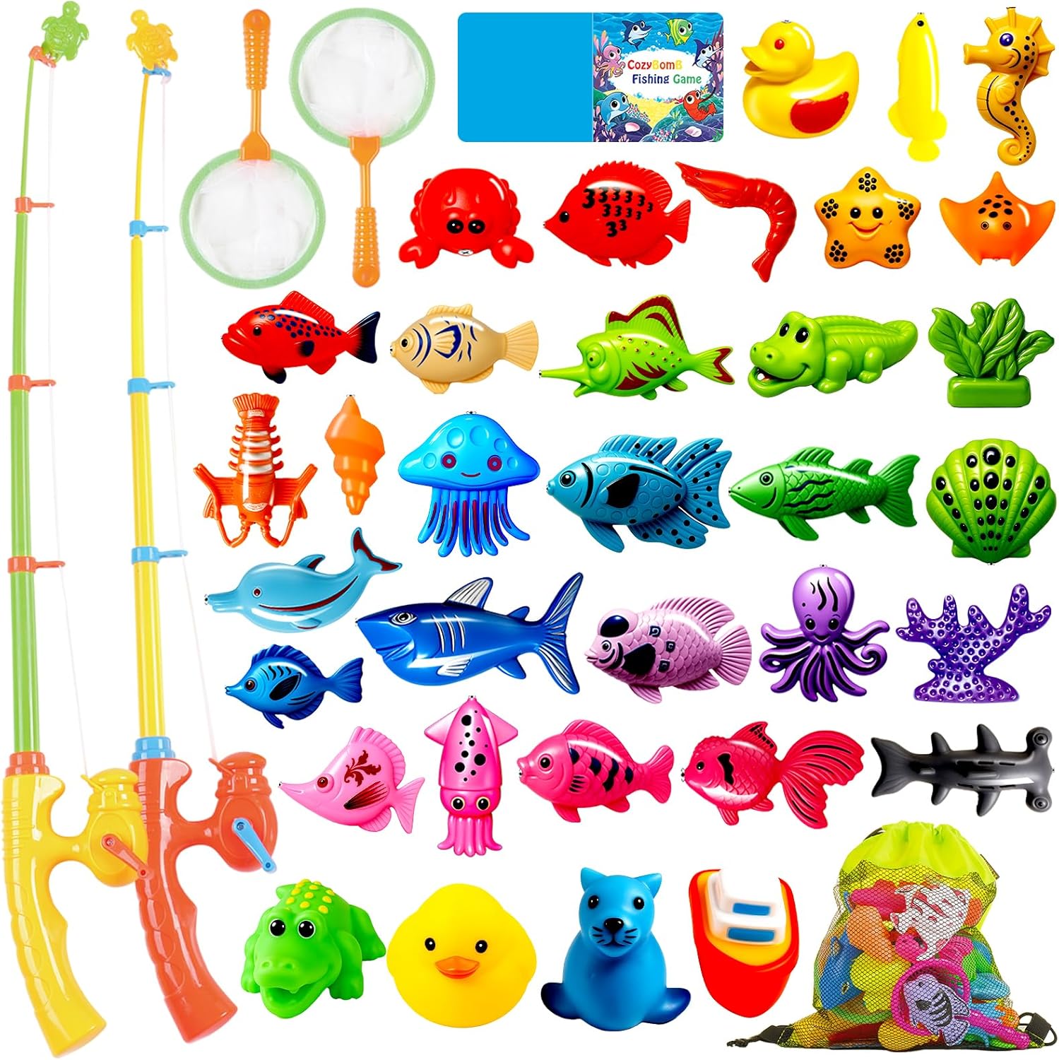 CozyBomB™ Magnetic Fishing Toys Game Set for Kids | Water Table Bathtub Kiddie Pool Party Pole Rod Net, Outdoor Plastic Floating Fish, Toddler Bath Color Ocean Sea Animals Birthday Gift Age 3-5 6 4-8