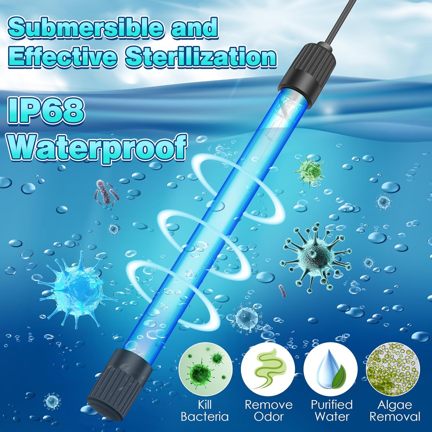Qualirey 11W Aquarium UV Light for Fish Tank, UVC Light Fish Tank for Aquarium Algae Control, Submersible Waterproof UV Lamp with Timer and Hood for Pond Sump Swimming Pool
