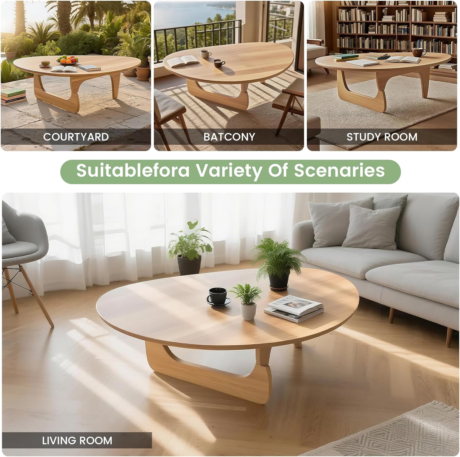 Solid Wooden Modern Triangle Coffee Table: Unique Funky Coffee Tables for Living Room, Oval Mid-Century Irregular Abstract Tea Tables for Patio Office Balcony Bedroom (Natural, 43" L x 31" W x 16" H)