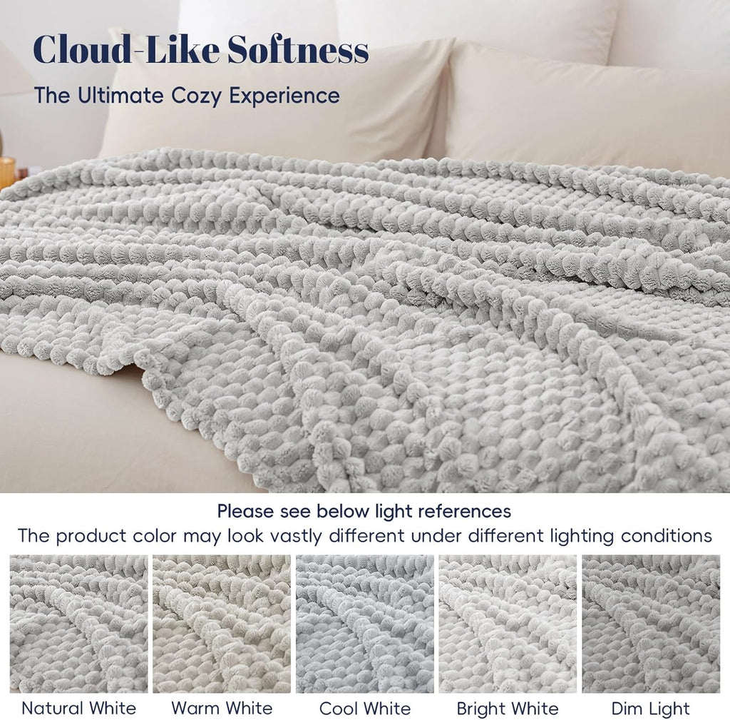 PHF Ultra Soft Flannel Fleece Blanket Twin Size, Lightweight 3D Jacquard Fleece Blanket, No Shedding, No Pilling, Luxury 340GSM Aesthetic Fluffy Cozy Bedding for Bed Room Decor, 66"x90", Light Grey