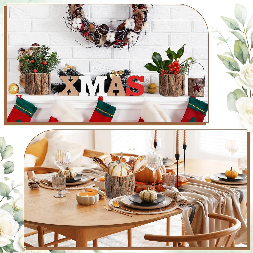 3 Pcs Wooden Vase for Centerpieces Christmas Table Decor Wooden Flower Vase Rustic Bark Stump Buckets Vintage Wood Planter Pots for Xmas Woodland Party Wedding Window Home Farmhouse (Large)