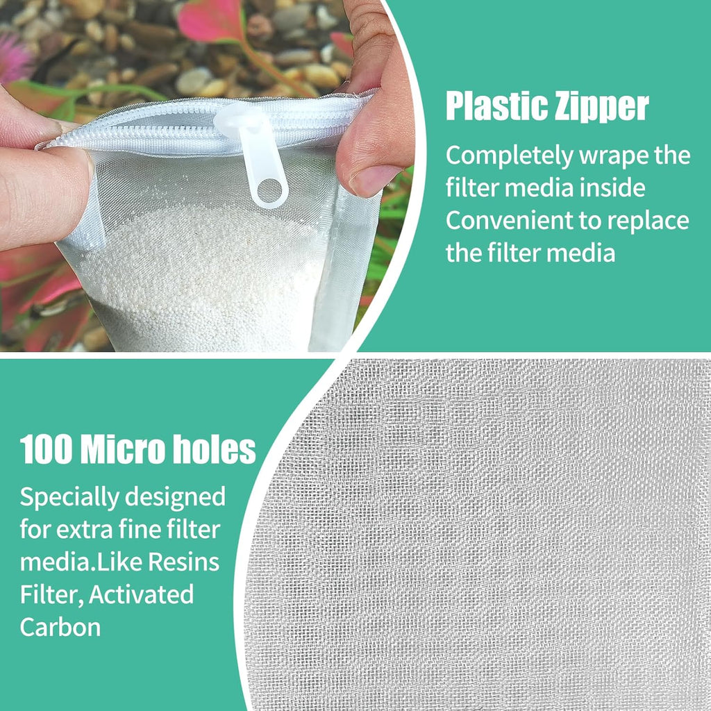 AQUANEAT Aquarium Filter Media Bags 6pcs Fish Tank Extra Fine 100 Micron Mesh Bags with Plastic Zipper for Activated Carbon (3" x 8")