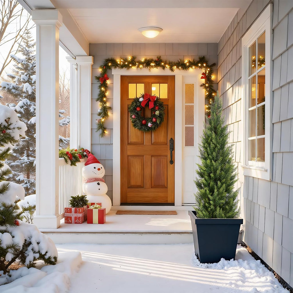 5FT Artificial Cedar Christmas Topiary Trees Set of 2 - Realistic Faux Cypress Plants UV Resistant for Outdoor Planter, Fake Bushes & Shrubs for Porch Front Door Outside UV Rated, 5 Feet Tall, 2 Pack