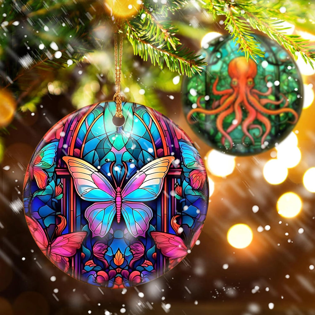 Touber Butterfly Ornament, Christmas Decoration, Holiday Present Idea, Heirloom Keepsake, Round Ceramic, Bauble Present, Butterfly