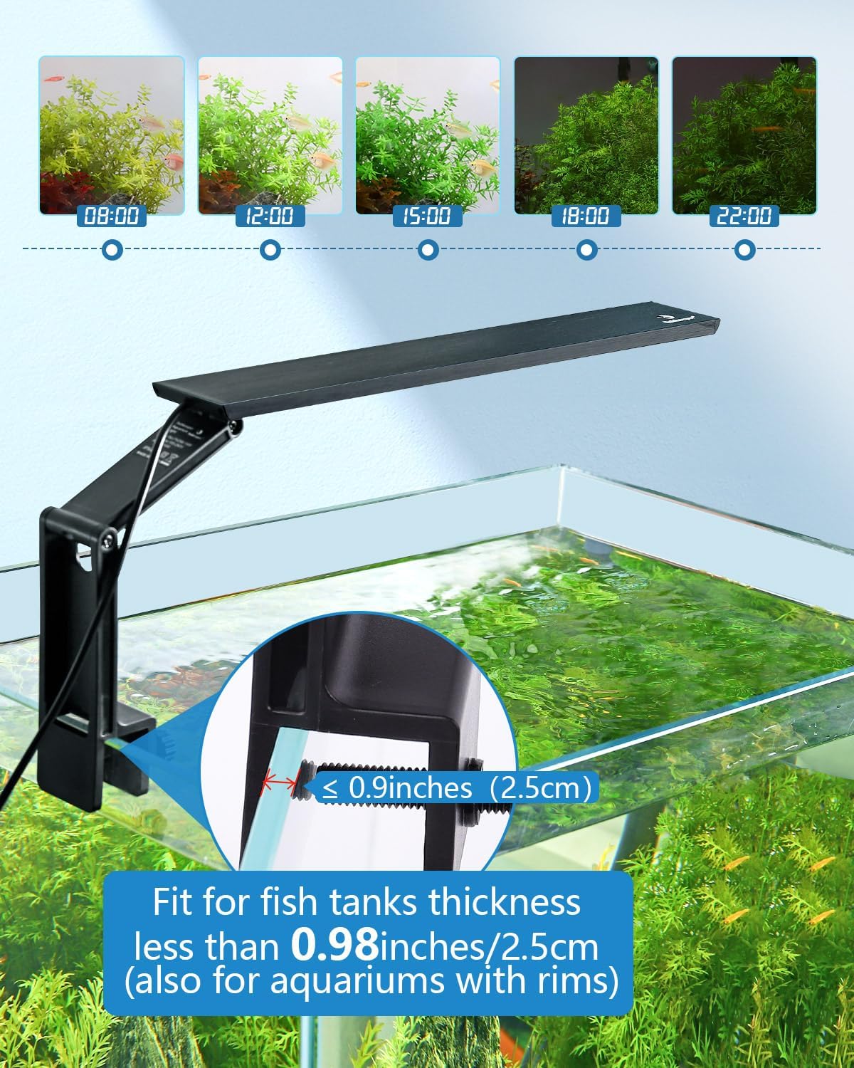 fishkeeper LED Aquarium Light - Clip On 24/7 Adjustable Aquarium Plant Light with Sunrise/Sunset Timer, 10 Brightness Levels, Auto On/Off,Full Spectrum Fish Tank Light for 1-5G Freshwater Tanks (6W)