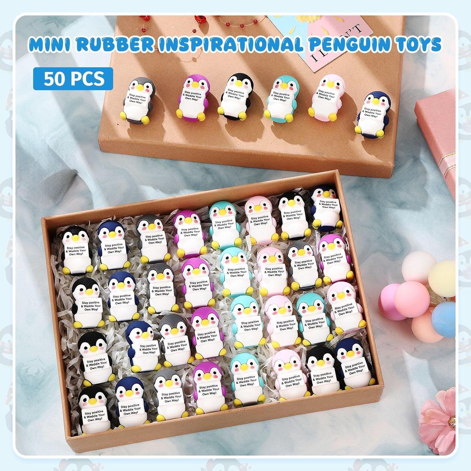 Gejoy 50 Pcs Mini Rubber Penguin Toys Positive Gifts Colorful Penguin Figures Decorations and Encouragement Birthday Motivational Gifts for Colleague Staff Teacher