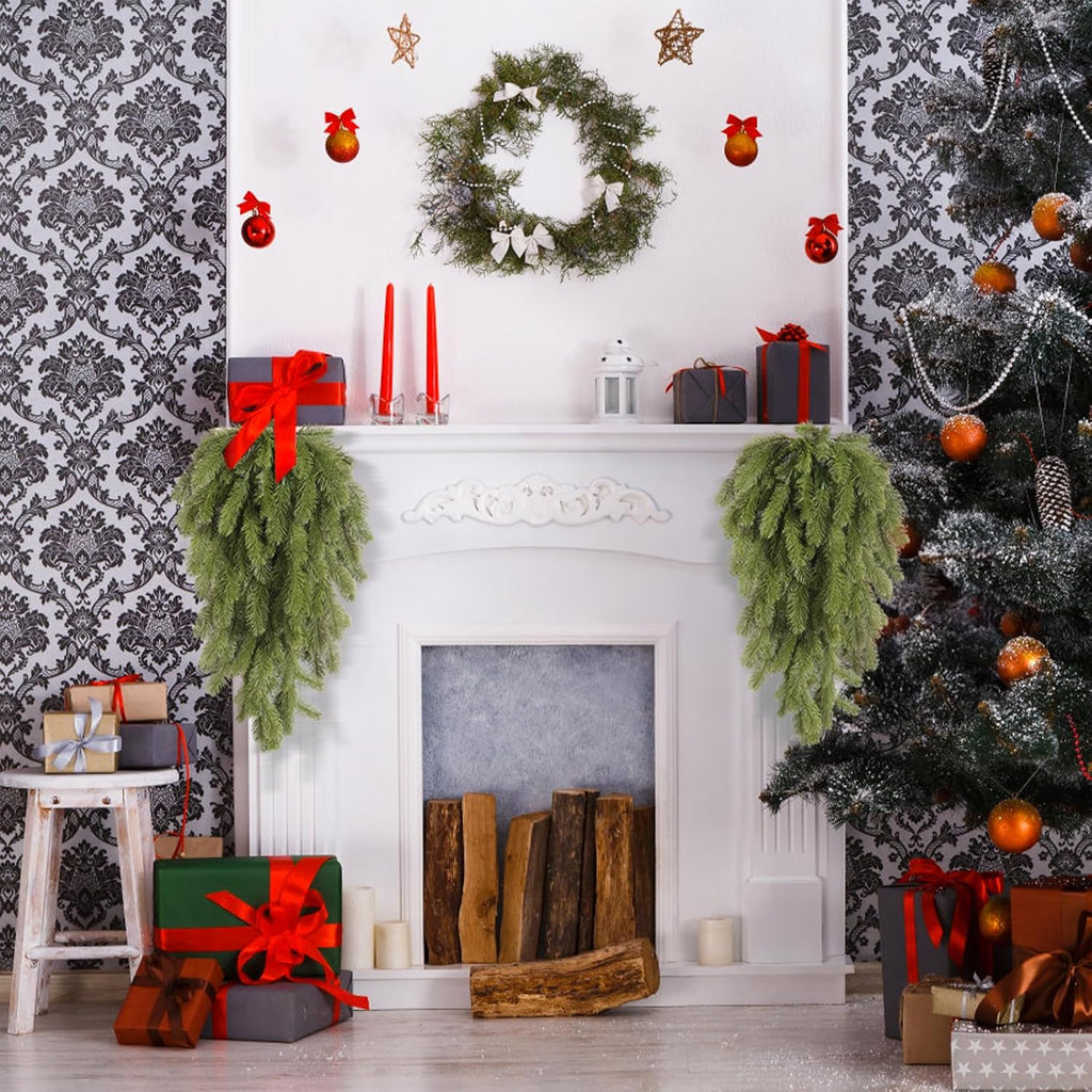 SJL Christmas Swags Stairway Swag, Hanging Teardrop Ornament Faux Winter Pine Wreath Christmas Pine Branches Outdoor Hanging Plants Winter Teardrop Wreath Holiday Decorations for Porch Yard(Green)