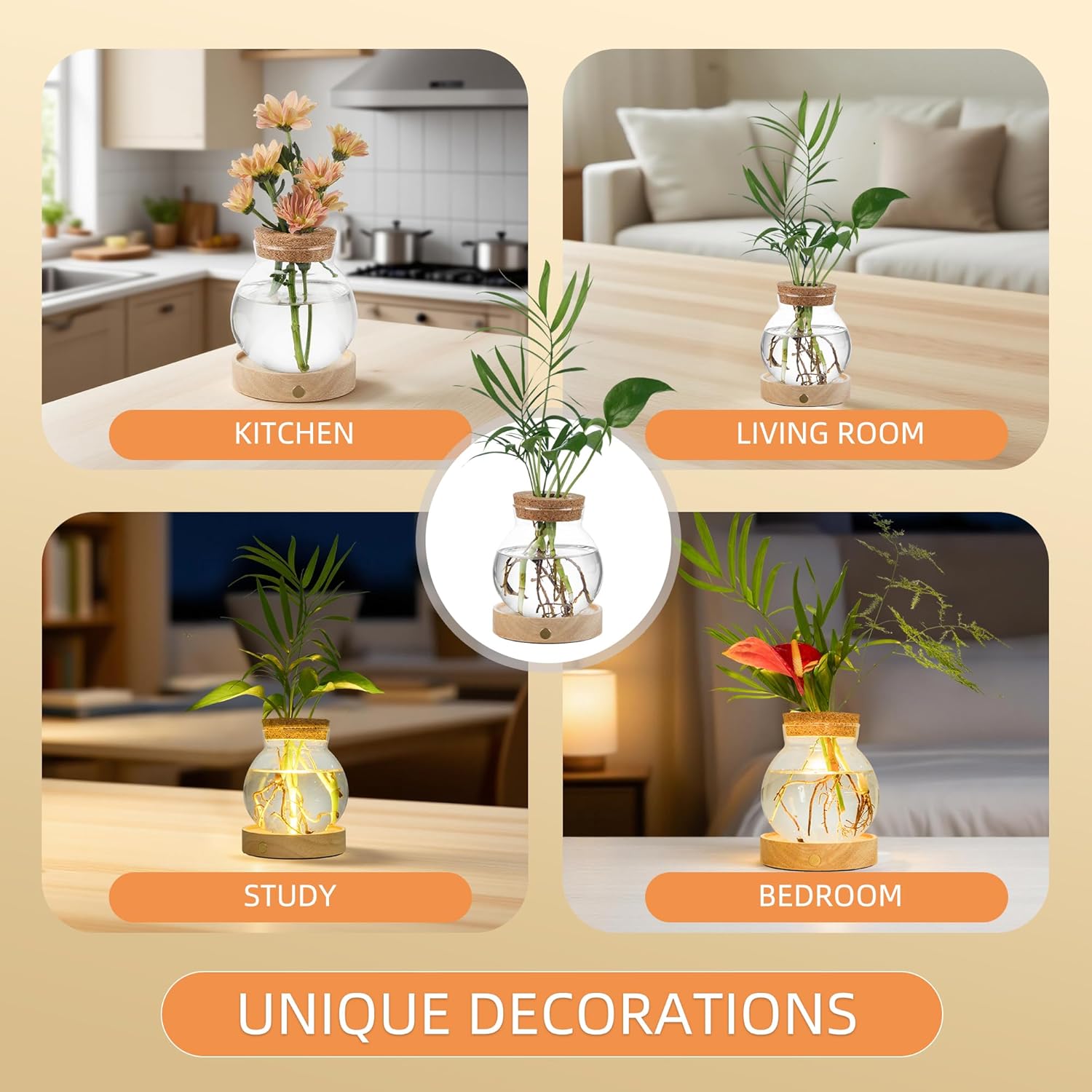 Plant Propagation Station with Wooden Saucer, Glass Terrarium with Stepless Dimming Function Hydroponic Glass Container Vase Jars Gardening Gifts for Mom Women Plant Lovers(2 Pack)