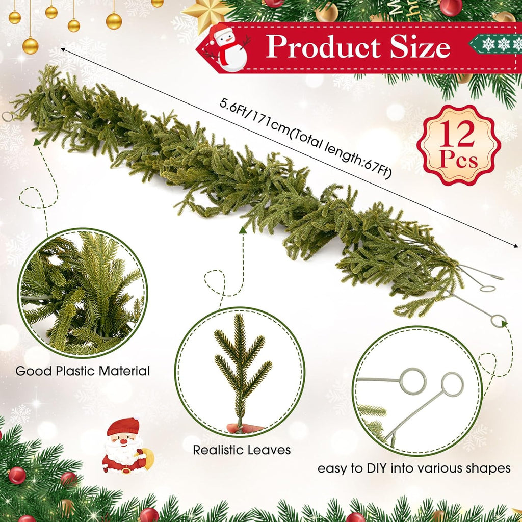 12 Pcs 5.6ft Artificial Christmas Garland Faux Norfolk Pine Garlands Realistic Leaves Hanging Greenery Plant for Christmas Table Fireplace Wall Mantle Indoor Xmas Decor